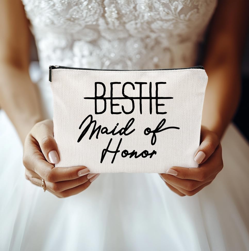 Bestie Maid of Honor Canvas Makeup Bag – Bridesmaid Proposal Gift, Personalized Wedding Gift, Bridal Party Accessories, Makeup Pouch for Maid of Honor, Bridesmaids, and Wedding Gifts4
