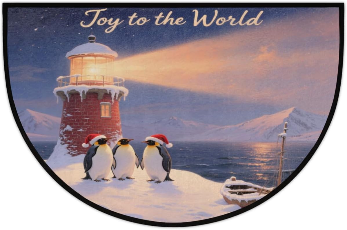 Half Round Door Mat - Indoor Outdoor Christmas Penguin Lighthouse Half Circle Rug for Entryway, Bathroom, Kitchen, Living Room - Washable Non-Slip Half Moon Mat with Boho Floral - Small Floor Mat