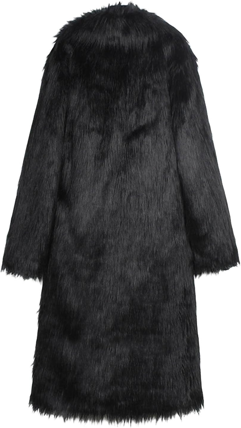 XUNRYAN Mens Faux-Fur Coat Long Jackets Winter Warm Thick Fuzzy Lapel Trench Coats Open Front Cardigan Overcoat Outerwear