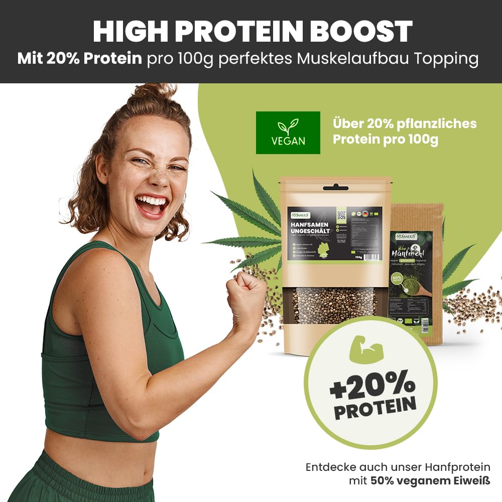 SANUUS Bio Hanfsamen ungeschält geröstet 4x750g - Naturland geröstete Hanfsamen ungeschält Bio aus Nutzhanf - Superfood Hanf Samen aus Deutschland für Porridge, Müsli, Bowls, Salat, Backen