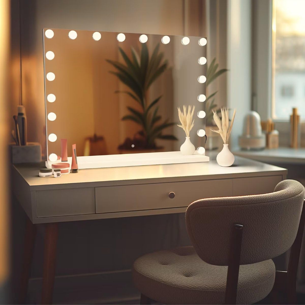SensaHome Vanity Mirror Pro – Hollywood-Schminkspiegel mit 15 dimmbaren LED-Lampen, 3 Lichtmodi, 80 x 60 cm – Weiß