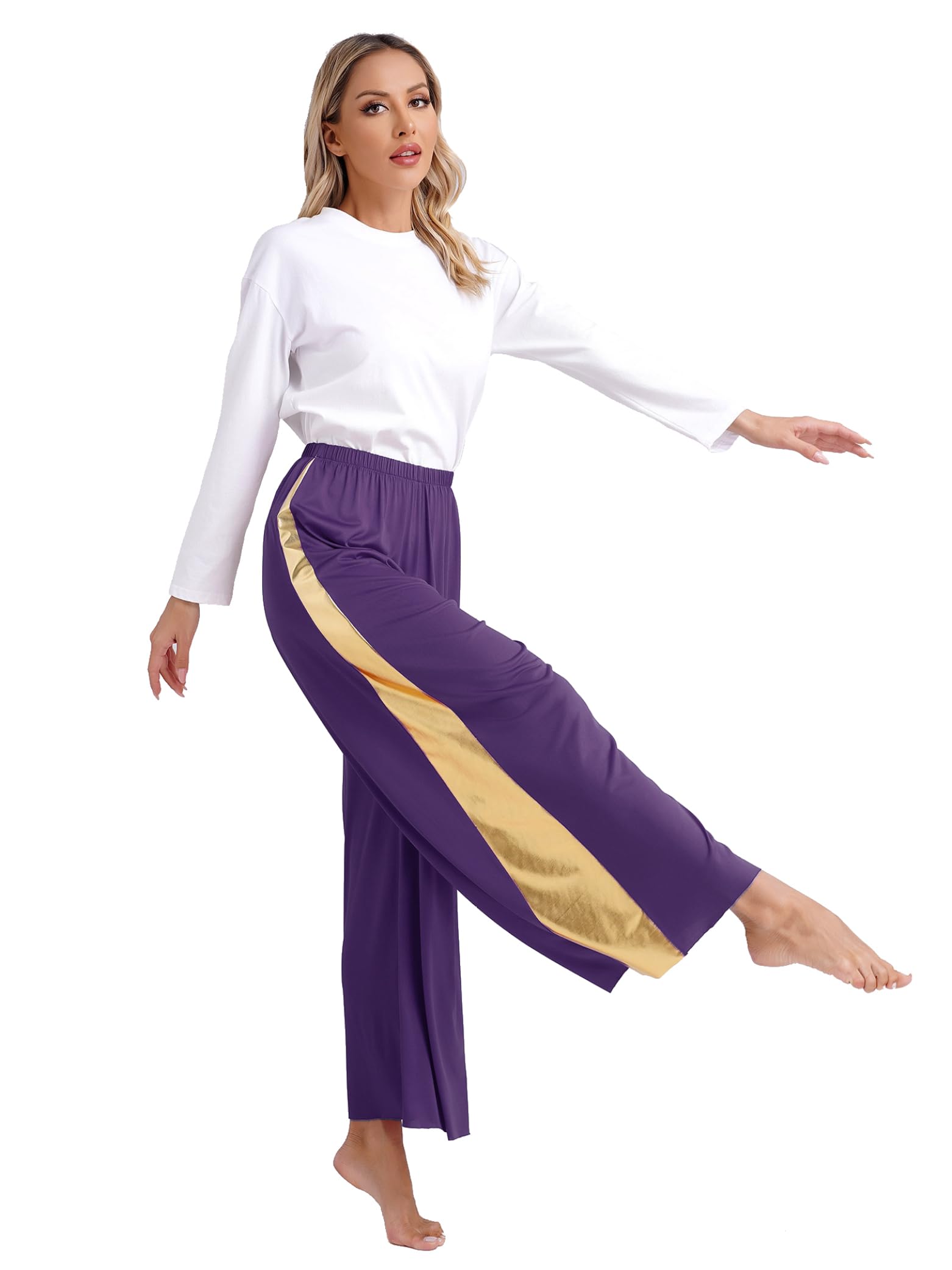 Linjinx Abito da Danza Cristiana Lode per Donna Manica Lunga Patchwork Brillante Vestito Balletto Lirico di Tulle E Pantaloni Larghi da Ballo