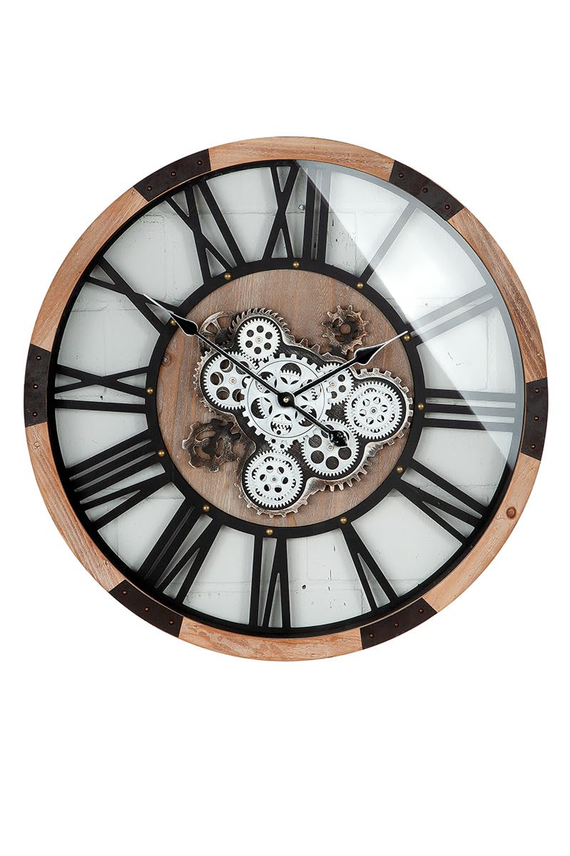 GILDE Wanduhr - rund aus Holz und Metall - Zahnrädermotiv - naturfarben und schwarz - Ø 68cm x Tiefe 8cm - Batterien in der Lieferung Nicht enthalten