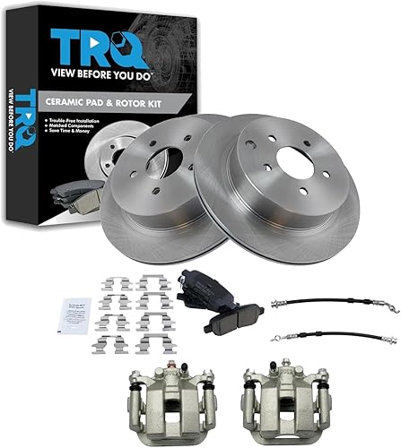TRQ Rear Brake Pad and Rotor Set Ceramic Rotors Calipers Hoses Compatible with 2