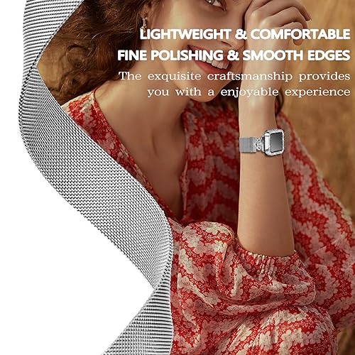 Magnetic Band Compatible with Apple Watch 38mm 40mm 41mm 42mm 44mm 45mm 46mm Stainless Steel Metal Strap with Bling Case and Built-in Screen Protector, Dressy Milanese Loop iWatch Bands for Women