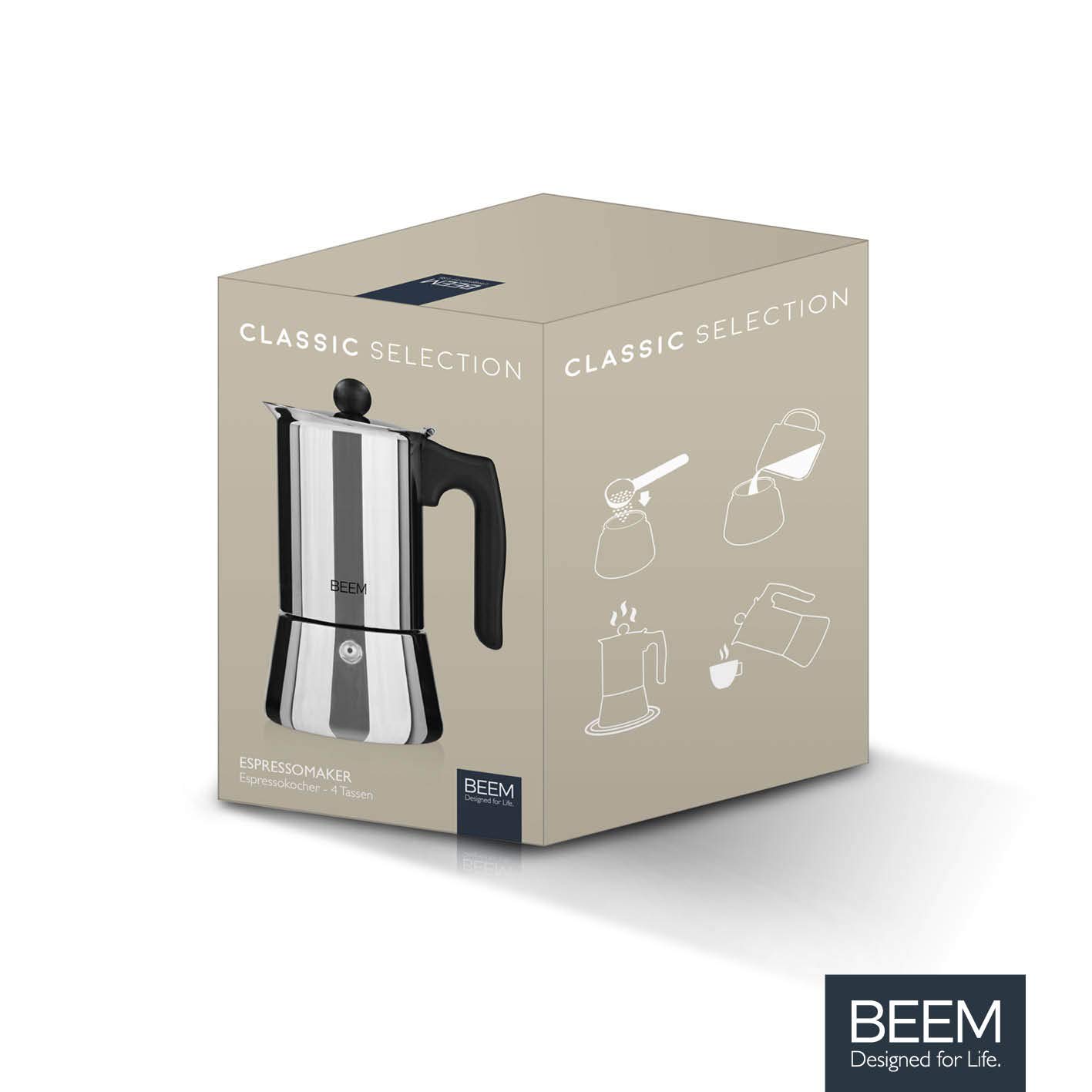 BEEM ESPRESSOMAKER Espressokocher - 4 Tassen | Herdkocher | Induktion | Edelstahl | Espresso - Kanne | Mokkakanne | Klassisch | 200 ml