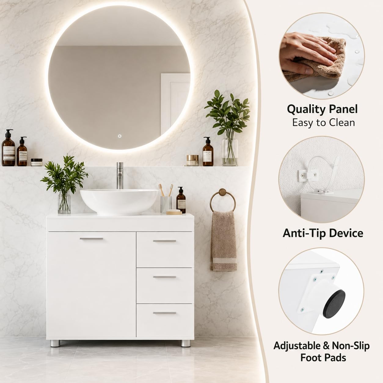 Mobile sottolavabo con 3 cassetti, 2 scomparti dietro la porta, piedi, mobiletto piccolo con ripiano regolabile, mobile da bagno, in legno, per bagno, cucina, bianco