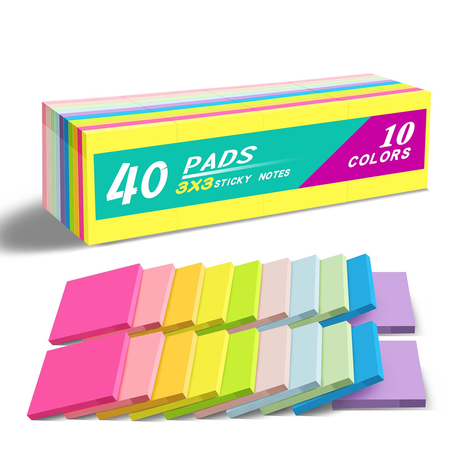 (40 Pads) Sticky Notes 3x3 in,Bright Colors Notepads,Colorful Stickies,Super Sticking Power,Memo Note Pads,Post on Windows Doors,Office,School,Strong
