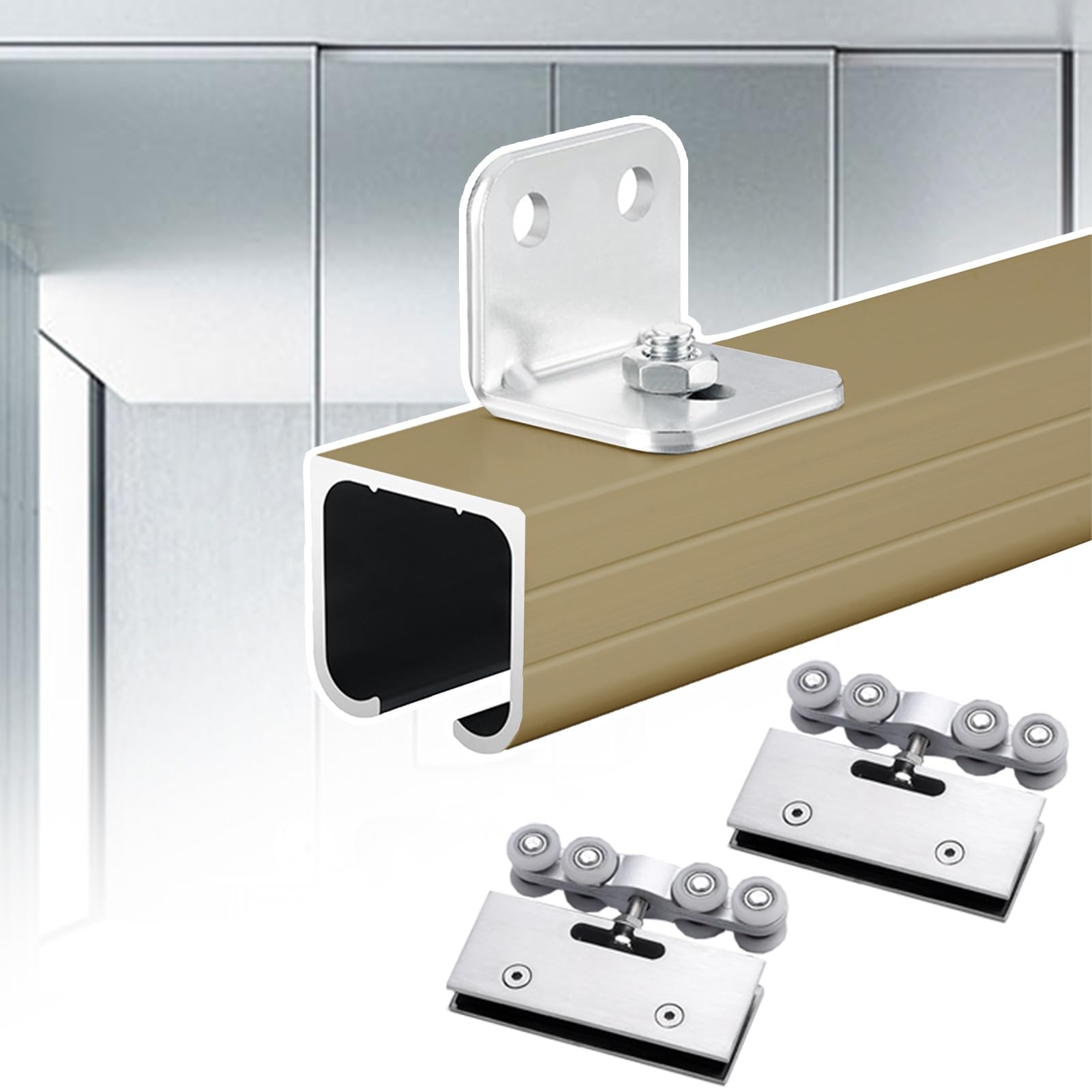 YDHSIKK Glass Sliding Door Track, Wall Mounted Sliding Glass Door Track Kit, 10-12mm Glass, Multicolor, Multiple Sizes(Champagne,190cm (6.2ft))