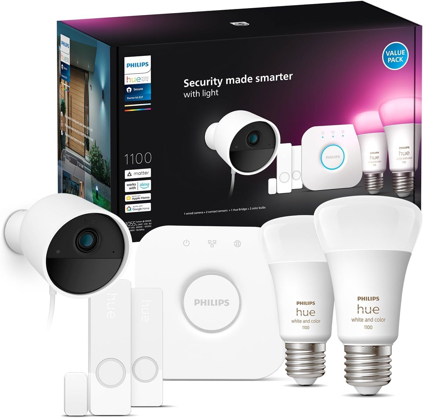 Philips Hue Secure, Kit de Démarrage avec 1 Caméra Filaire Sécurisée Blanche, 2 Capteurs de Contact Sécurisés Blancs, 2 Ampoules Connectées White and Color Ambiance, 1 Pont, Facile à Installer