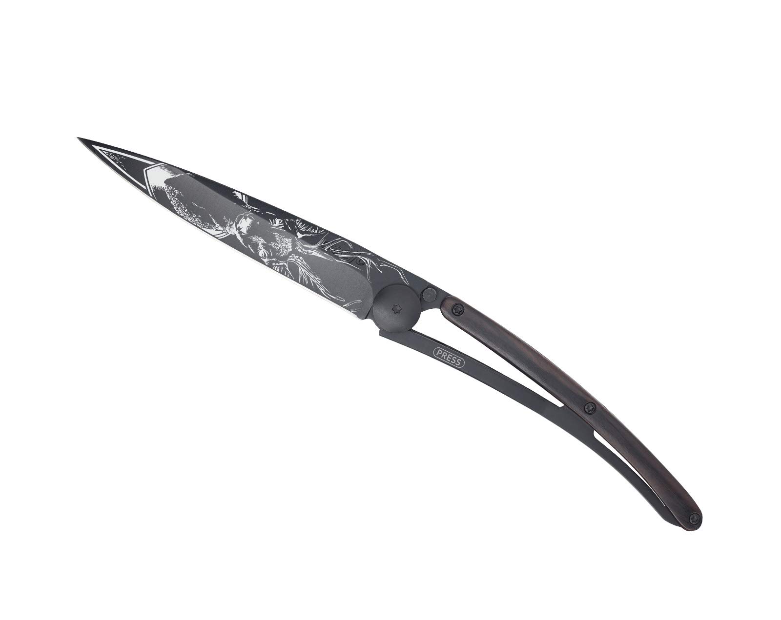 Deejo - Couteau de Poche Pliant 37g - Manche en Bois d'Ébène, Lame en Acier Inoxydable Z40C13 - Motif Cerf - Couteau de Table, Randonnée, Camping, Bivouac