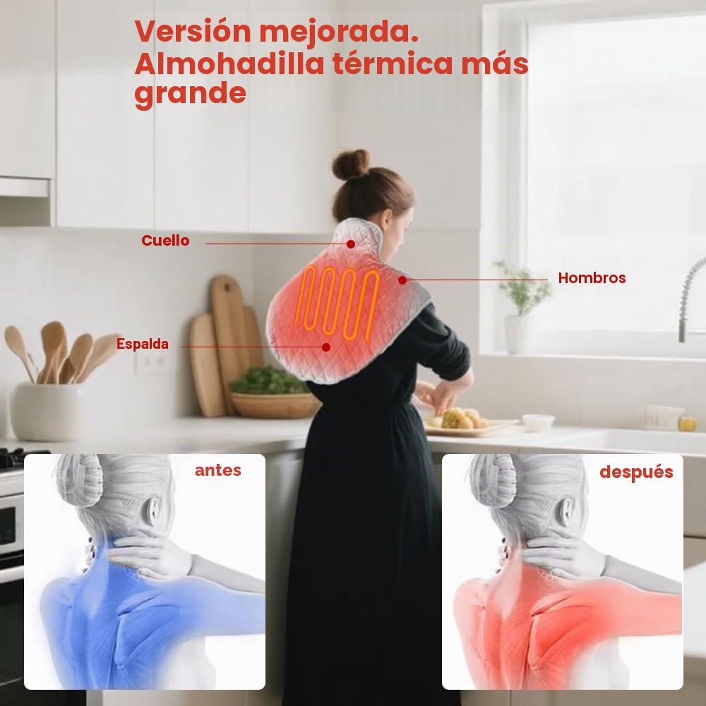 Manta Electrica Espalda y Cuello, Almohadilla térmica inalámbrica Portátil con batería externa de 16000 mAh, Para Aliviar el dolor de cuello y hombros, 3 niveles de temperatura y apagado