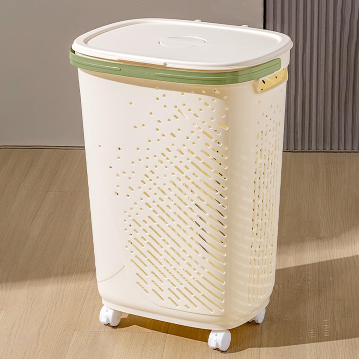 Wäschekorb Plastik Wäschesammler Mit Rollen Und Deckel Wäschewagen Schmal Wäschekorb Für Schlafzimmer Mit 2 Hängenden Körben, Schmale Ecke Kleideraufbewahrungskästen(/Beige,62 cm)
