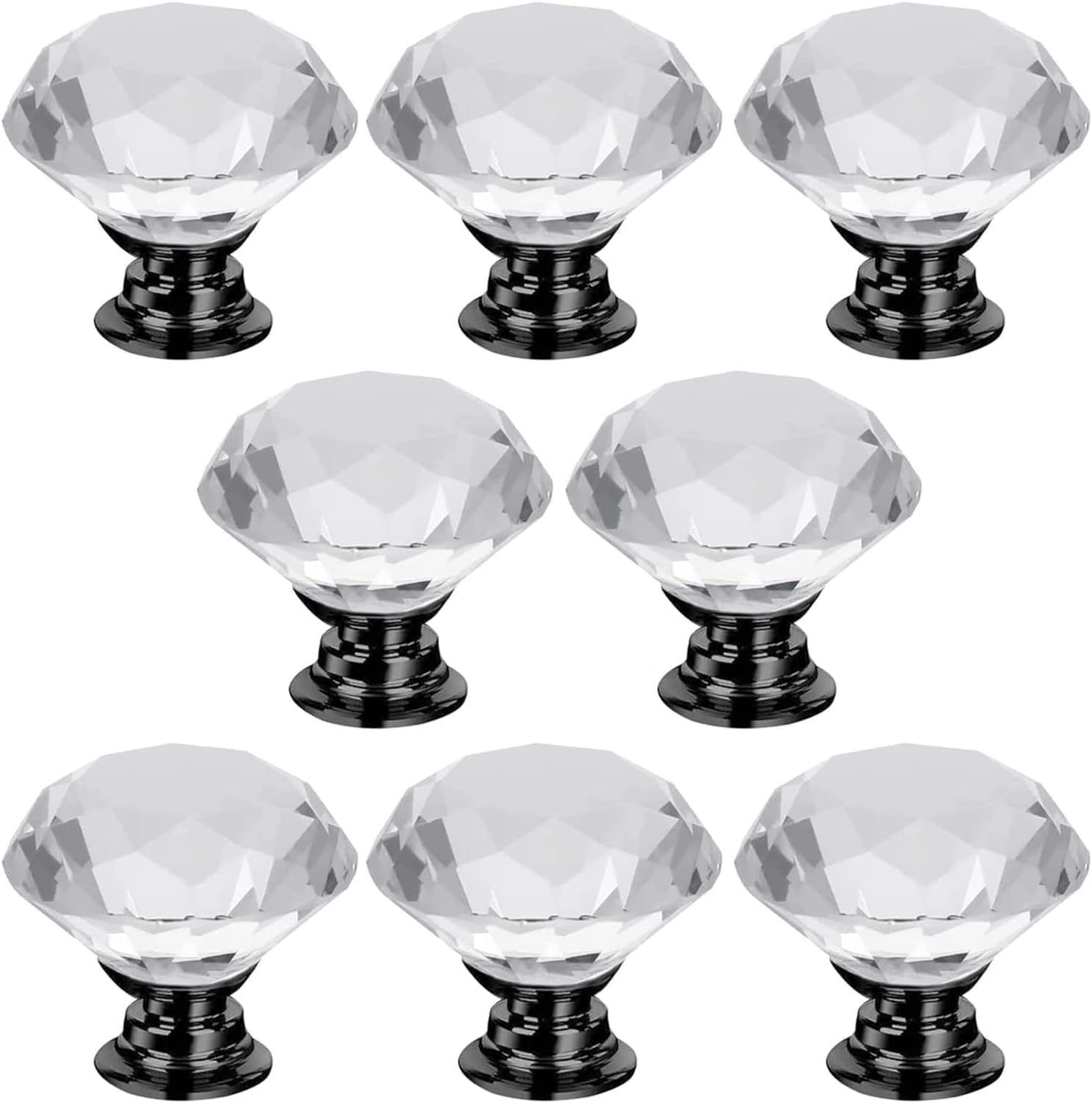 MDPLY 8 Pcs Crystal Glass Cabinet Door Knobs - 30MM Clear Diamond Drawer Handles for Chrome Dresser Kitchen Cabinets Wardrobe Pulls Bathroom Cabinet Desk (Black Metal Base Knobs, 8 Pcs)