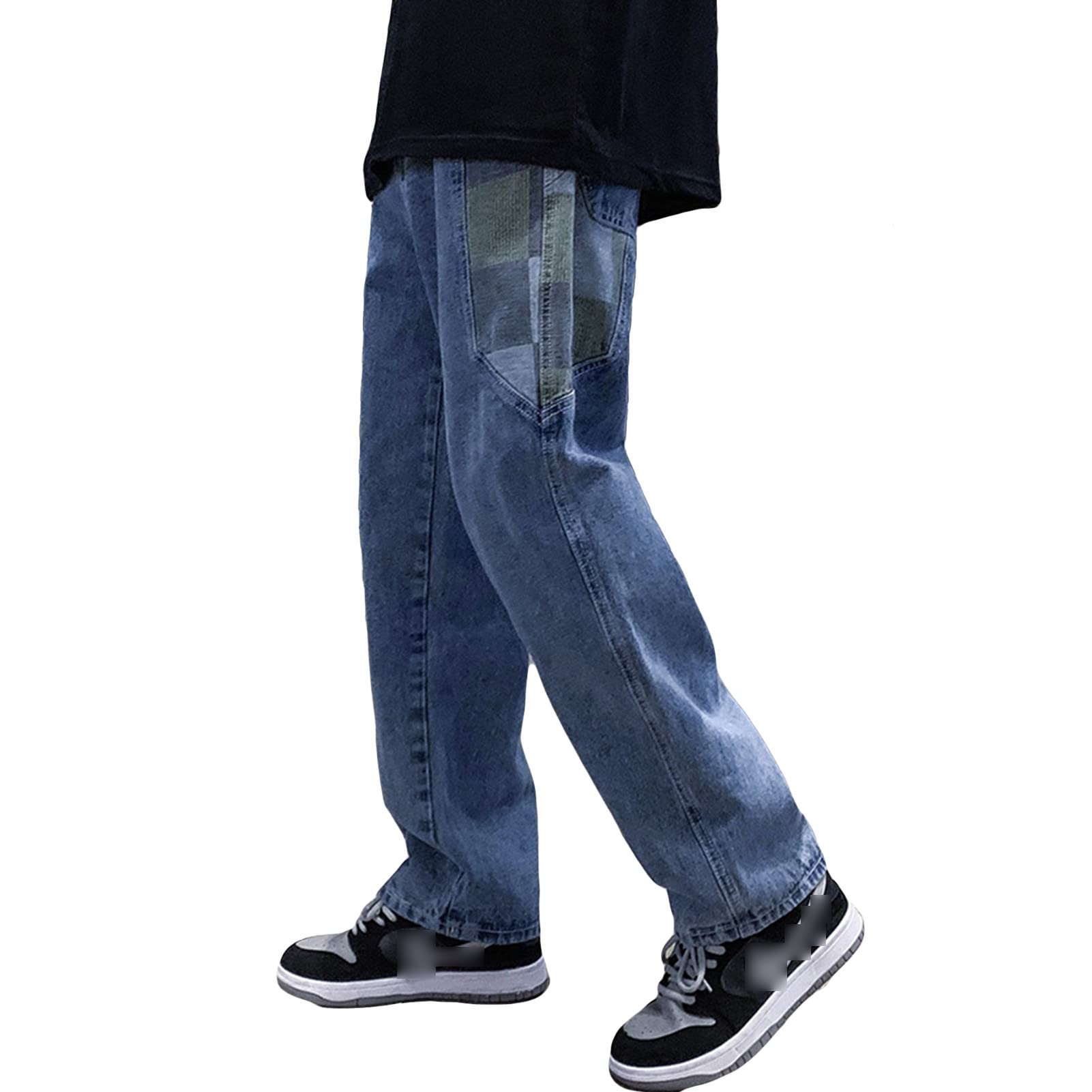 Mens Mid Waist Plus Size Washed Straight Jeans Casual Loose Elastic Zipper Denim Pants Moto Fashion Vintage Trouser