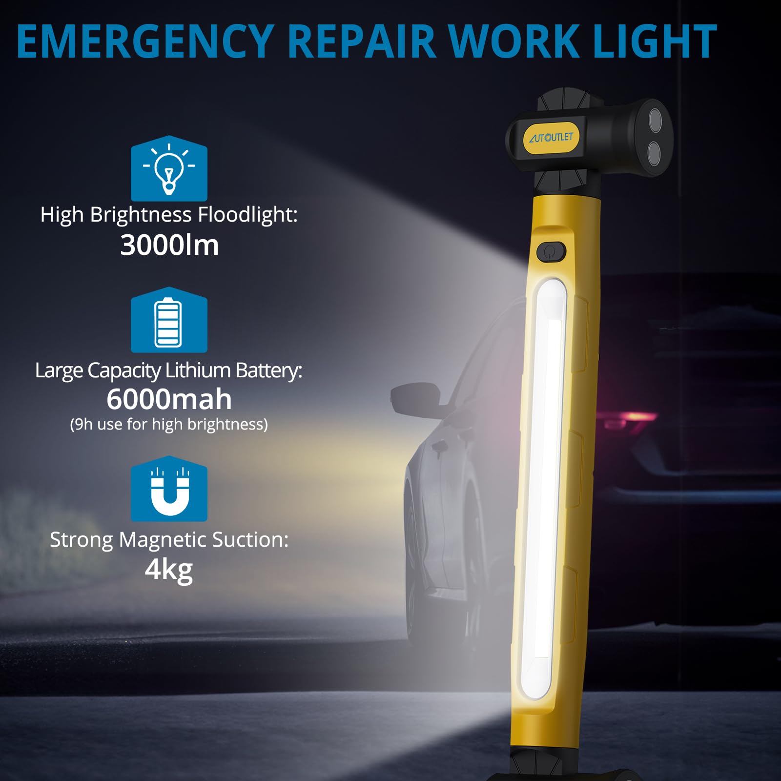 AUTOUTLET Lámpara de Trabajo LED Recargable Magnética 6000mAh 3000 Lúmenes, 3 Colores de Luz, Impermeable Banco de energía de Emergencia con Gancho Giratorio 360° para Taller, Camping y Garaje