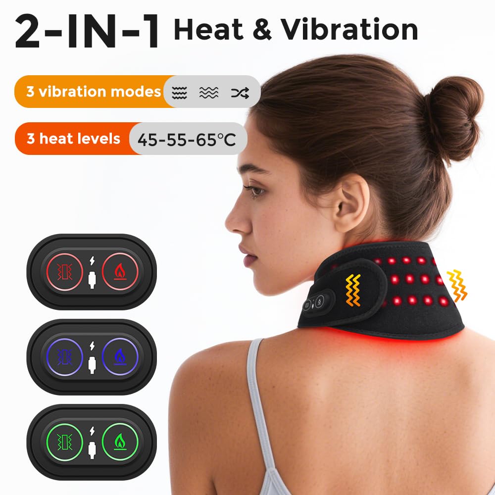 Masajeador de cuello con calor – Cojín térmico para cuello con batería de 3000 mAh, almohadilla térmica calentador de cuello eléctrico con 3 niveles de calor y 3 vibraciones y luz roja, sin cable
