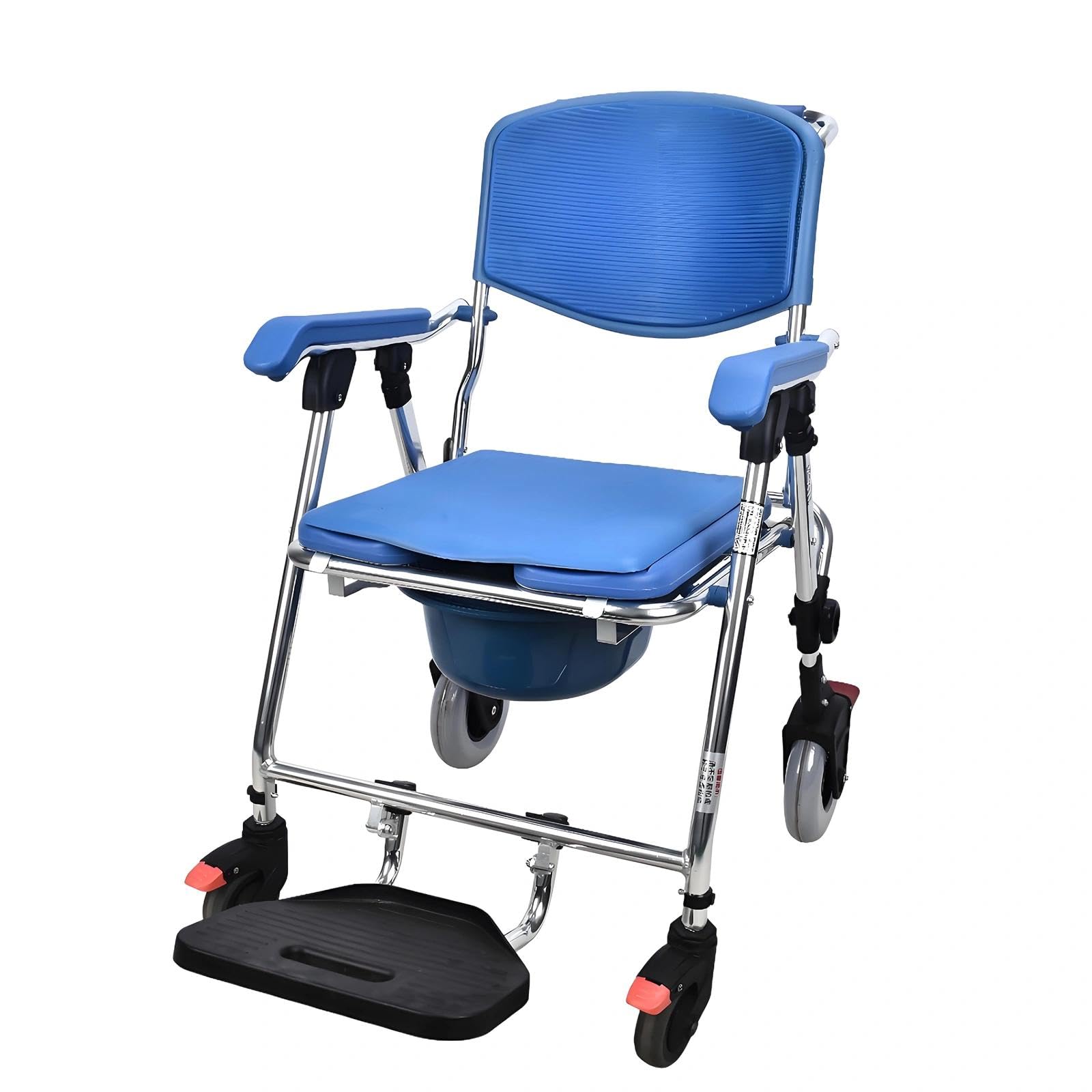 Silla Ducha con Ruedas para Personas Mayores, Azul Silla Ducha Plegable WC Portátil, 4 en 1 Silla con Inodoro Incorporado y 4 Ruedas de Bloqueo para Adultos, Capacidad de 150kg