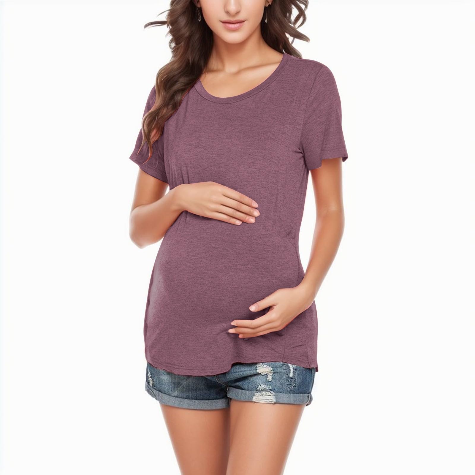 Lot de 3 t-shirts de grossesse pour femme avec manches courtes et boutons latéraux et col rond - Couleur unie - Hauts d'allaitement - Lot de 3