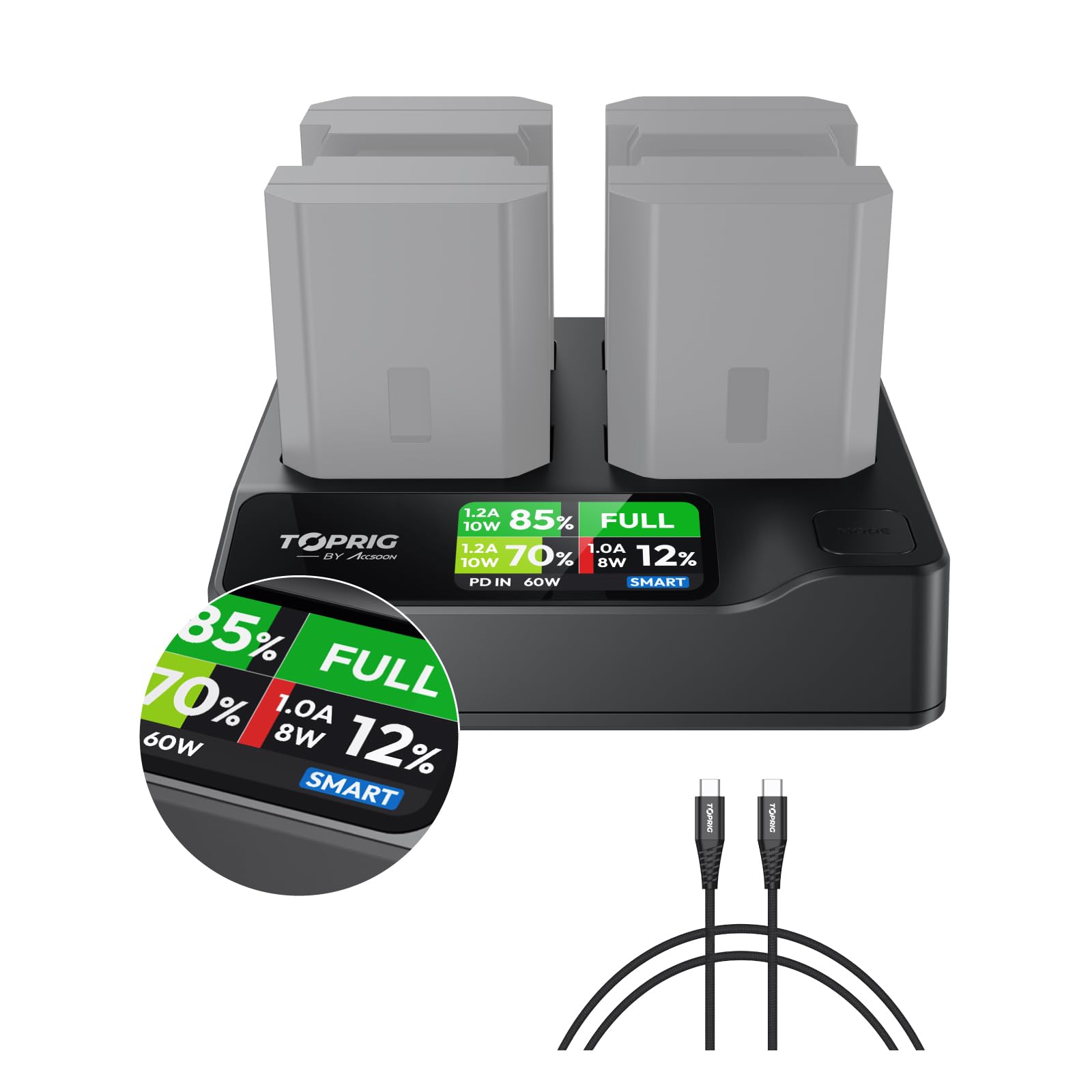 Caricabatterie per fotocamera Toprig NP-FZ100 a 4 canali, display LCD a colori, monitoraggio del livello della batteria in tempo reale, design portatile, compatibile con la batteria Sony NP-FZ100