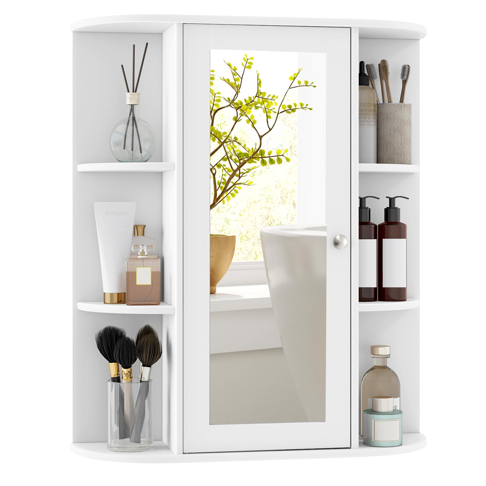 LDAILY Bathroom Medicine Cabinet with Mirror, Wall Mounted Bathroom Storage Cabinet, Medicine Organizer with 3 Adjustable Shelves & 6 Open Shelves, Mirrored Bathroom Wall Cabinet (White)