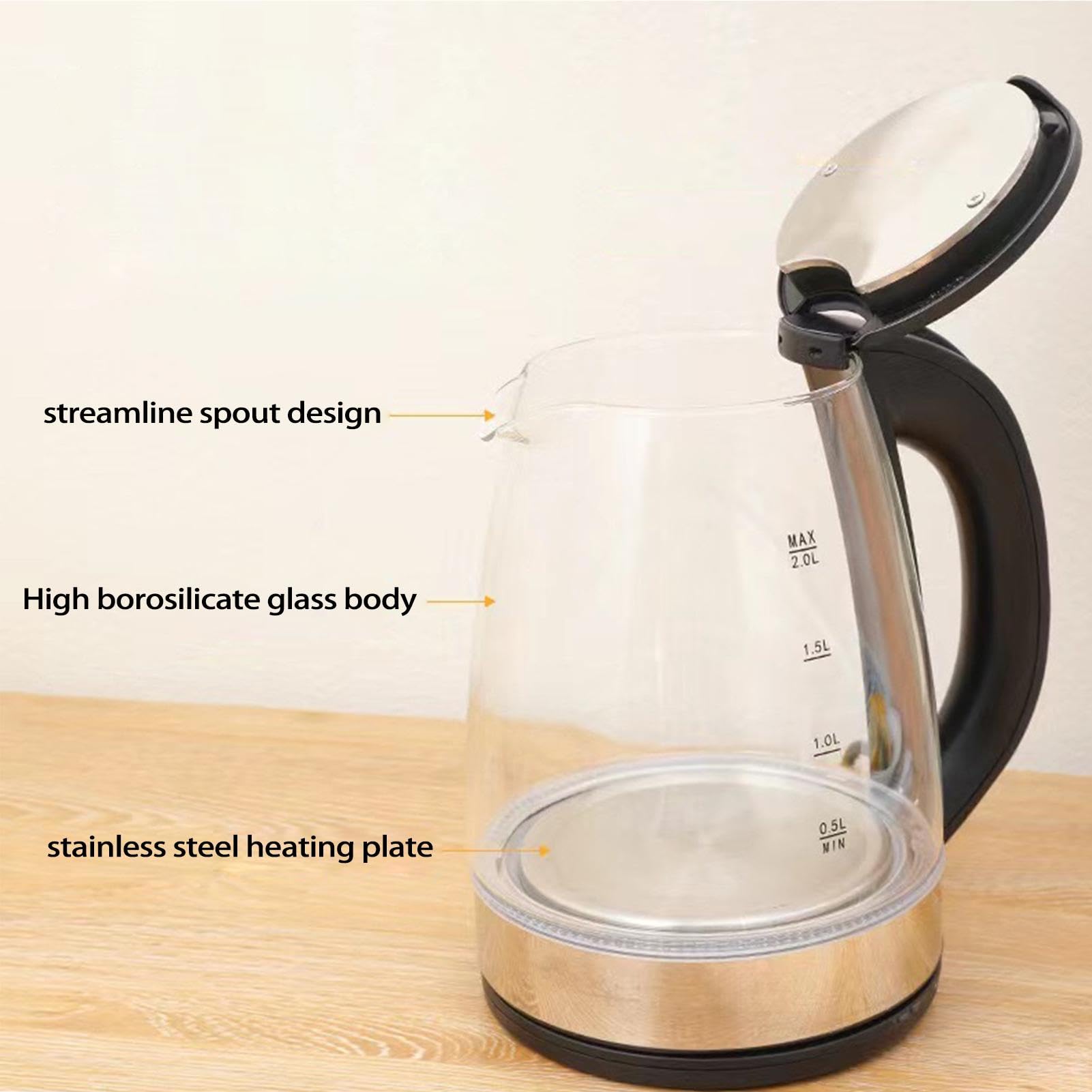 Caldera de Agua Caliente, Vidrio de Hervidor Eléctrico - Hervidor de agua | de 2 litros Hervidor de vidrio - Hervidor de agua con apagado automático, diseño de vidrio, hervidores eléctricos para té y c