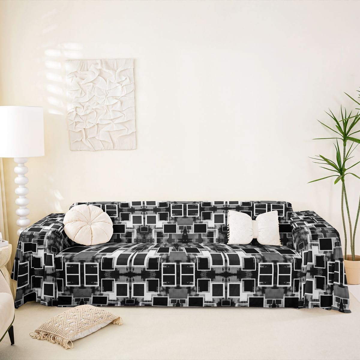 Homewish Funda de sofá geométrica en blanco y negro de 180 x 340 cm