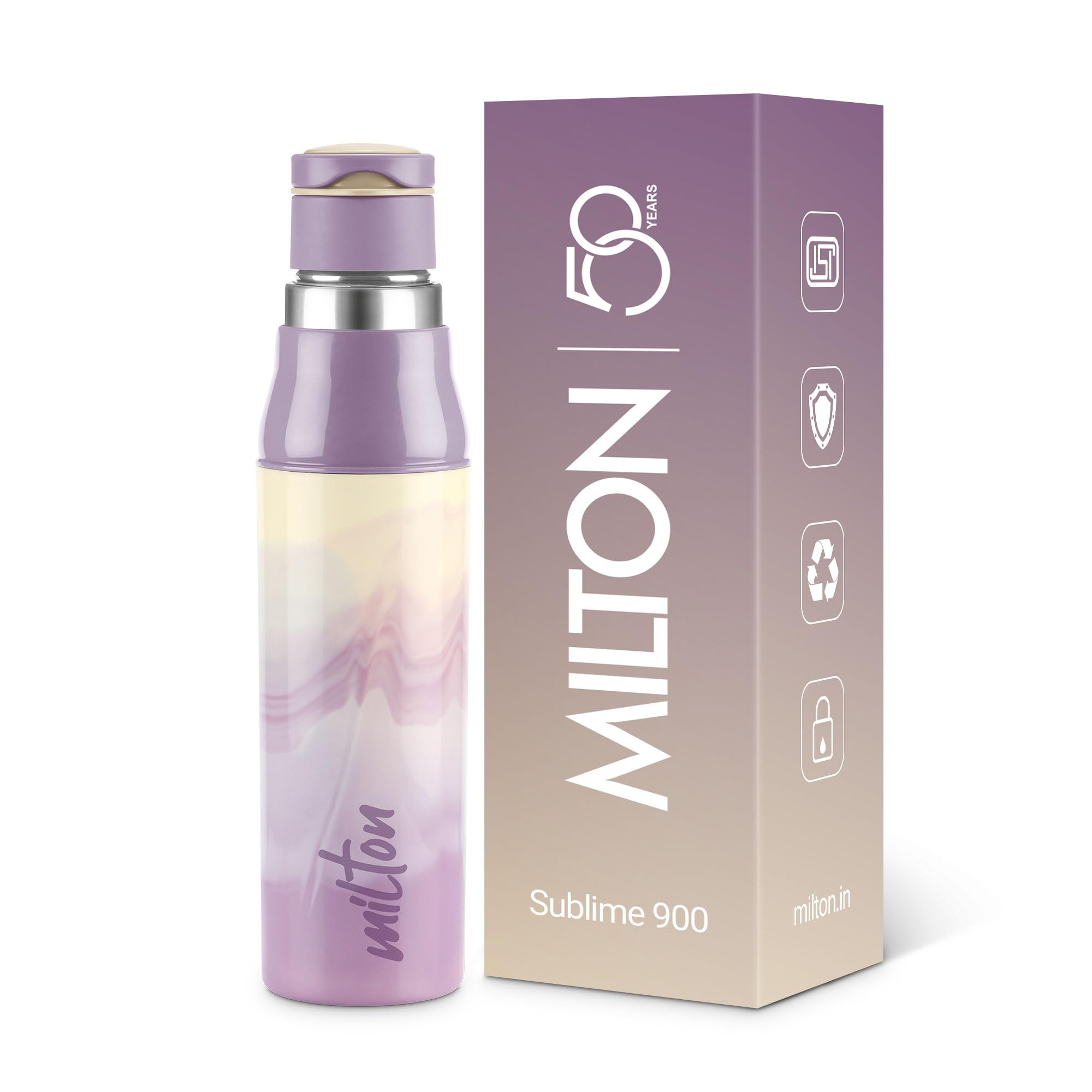 Milton Steel Sublime 900 Thermoware I PU Insulated Water Bottle 600 ml, Leak Proof Flip Top Lid I for Office, Gym, School I Lavender