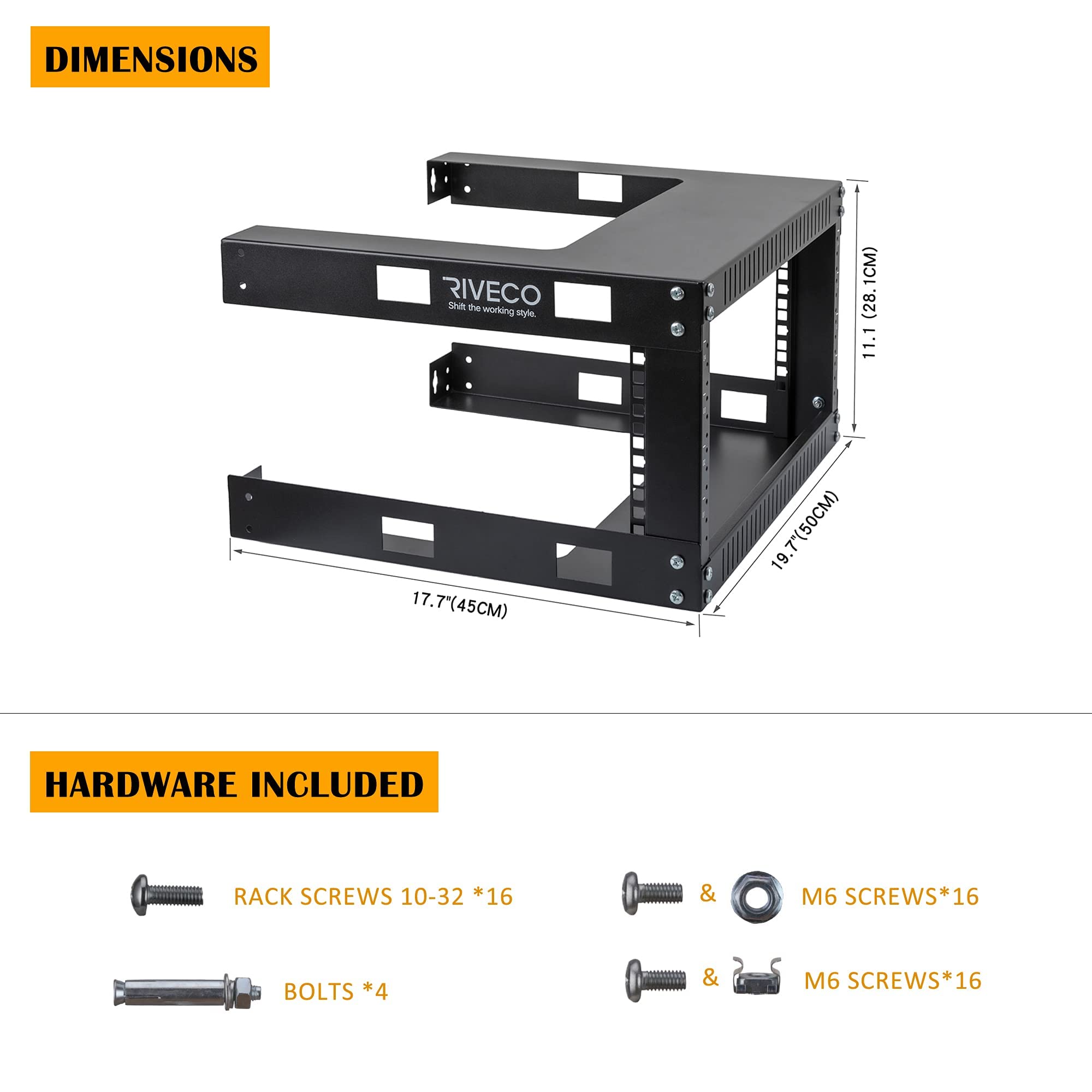 RIVECO 4U 19" Wall Mount Network Rack – 17.7" Deep 2 Post Open Frame Cabinet Easy Assembly Firm Constructed Shelf for Internet/Server/AV/Home Equipment/Patch Panel Heavy Duty Light Weight,Black