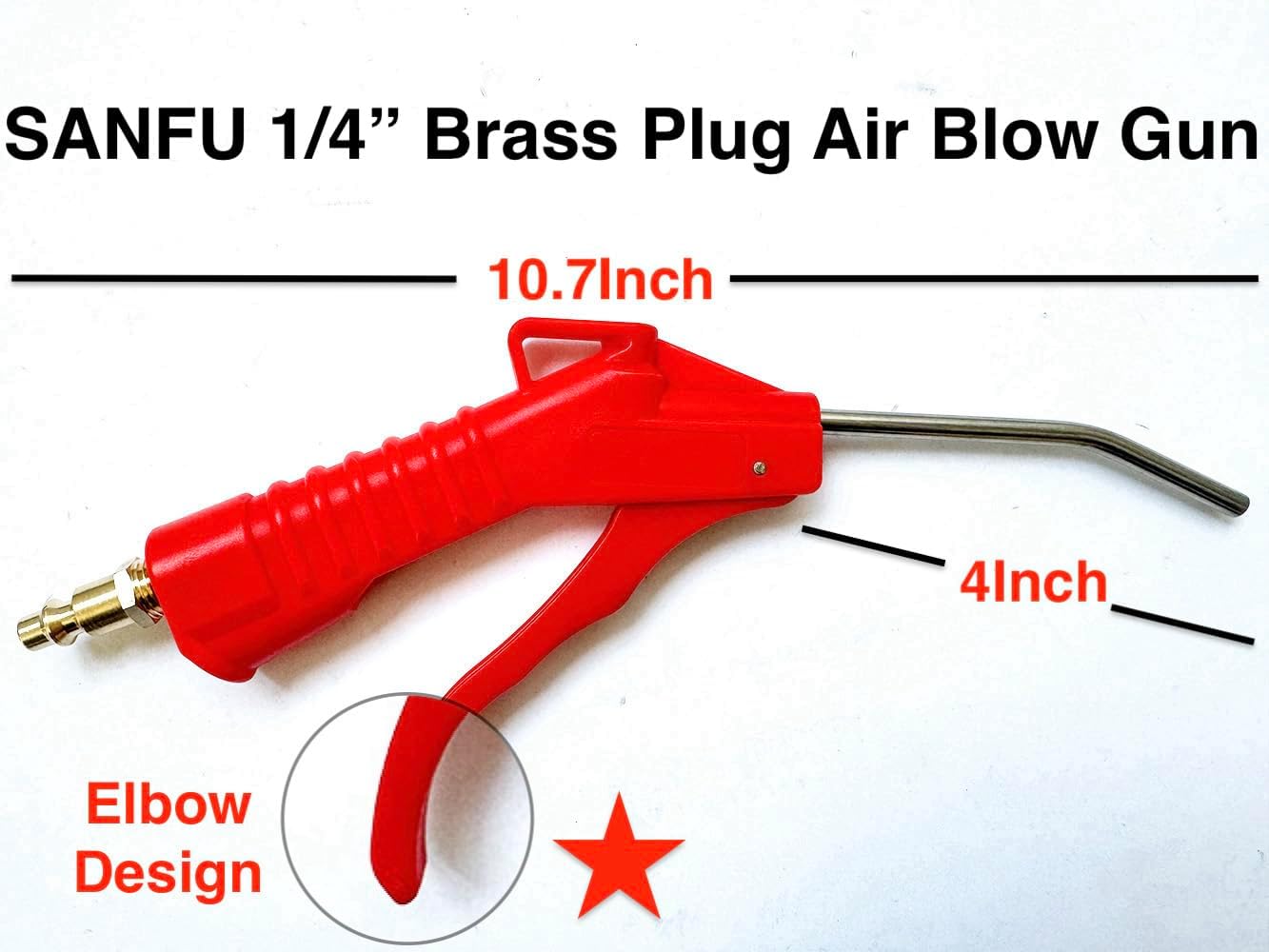 SANFU 4" Stainless Steel Elbow Air Blow Gun With 1/4" Brass Plug Air Tools For Air Compressor Removing Dust Cleaning,2-Pack, Red