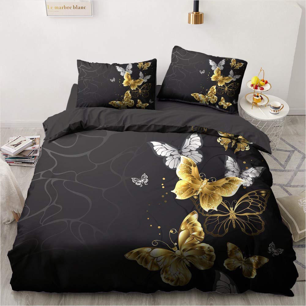 MOUMOUHOME 3D Pattern Bedding Sets Butterfly Bedspread Cover Pillow Case Soft 3 Pieces 3D Printed Gray-white Golden Butterflies Duvet Cover Sets Black Background with Zipper Closure, King(230x220cm)