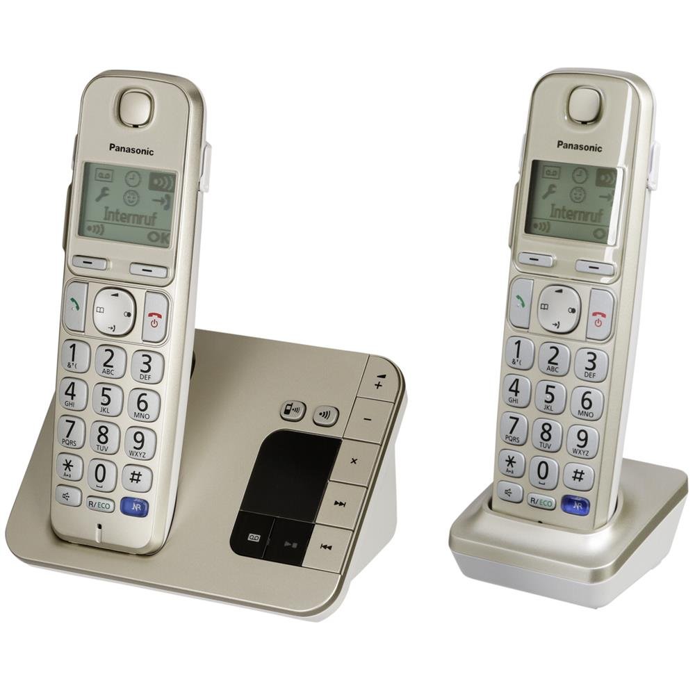 Panasonic KX-TGE222GN DECT Seniorentelefon mit Anrufbeantworter (schnurlos, hörgerätekompatibel, Großtastentelefon DUO, strahlungsarm) champagner