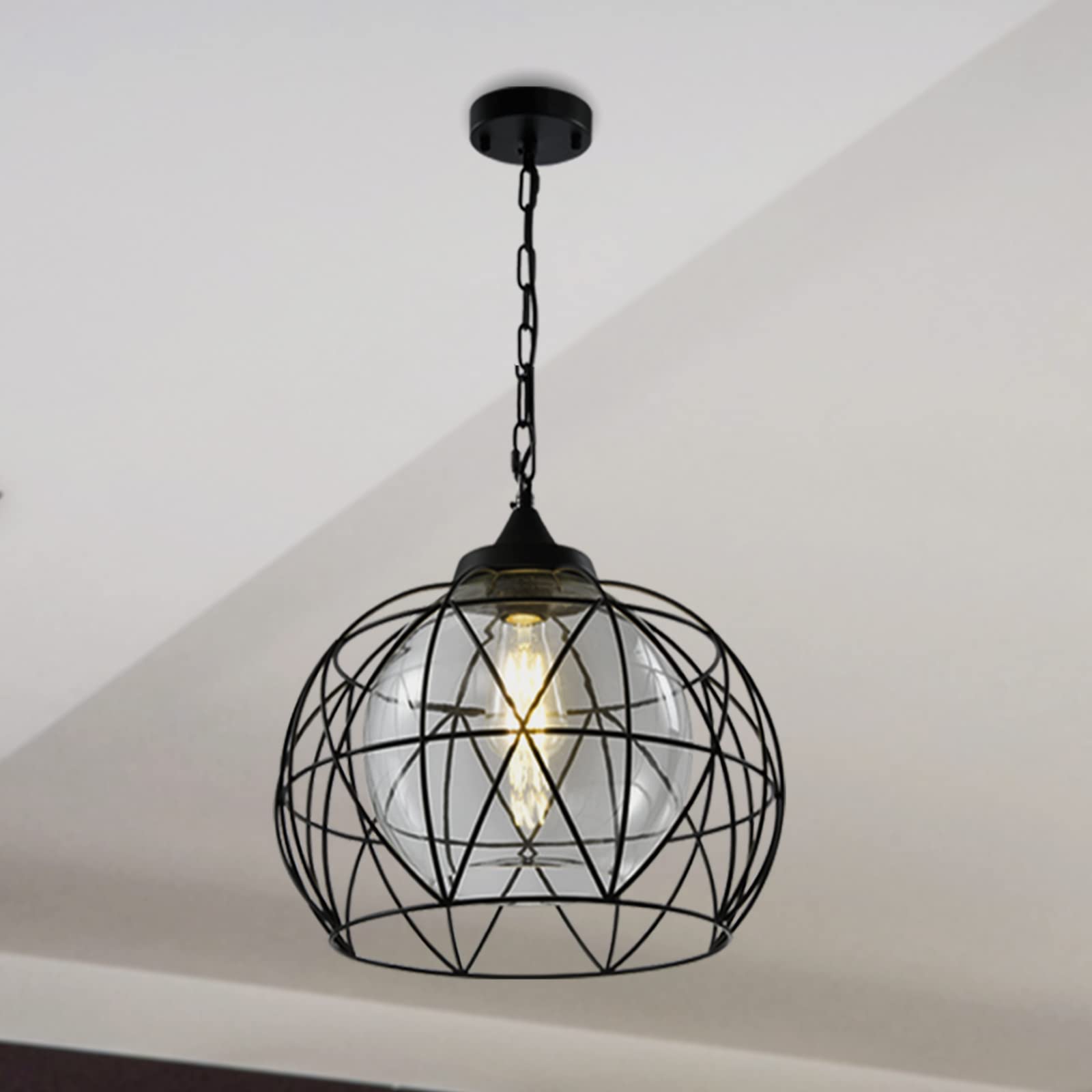 Etoten Pendant Light for Kitchen Island-Outdoor Pendant Lights, Black Cage Lighting with Glass Shades, Foyer Porch Gazebo Barn Kitchen Light Fixtures, Industrial Chandelier for Hallway, Entryway
