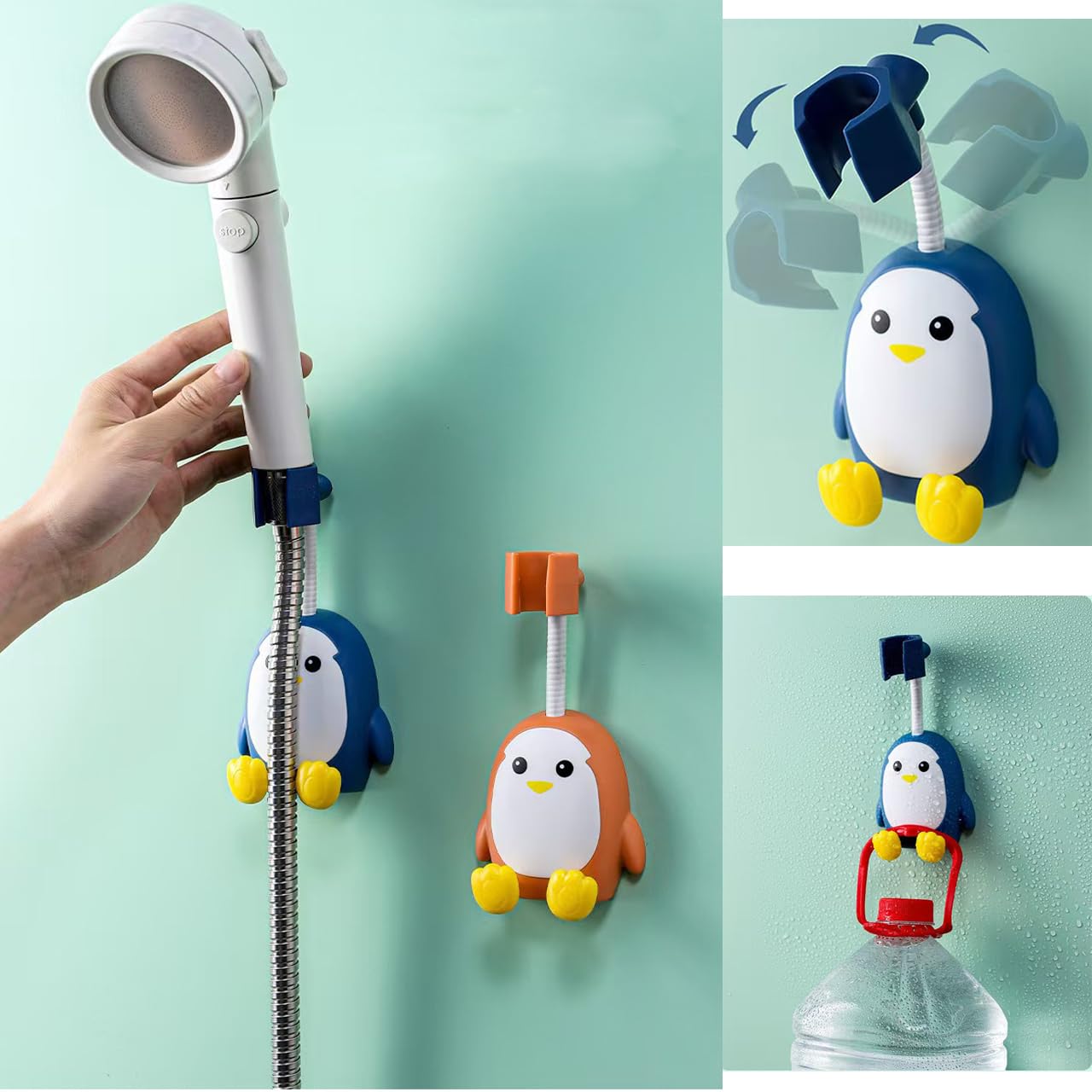 Lsfchyby Yellow,Green,Blue,White 2 Pcs Shower Head Holder, Upgrade Universal 360 Degree Adjustable Rotatable Shower Head Bracket,Removable No-Punching Shower Head Bracket Handheld Showerhead (Penguin)