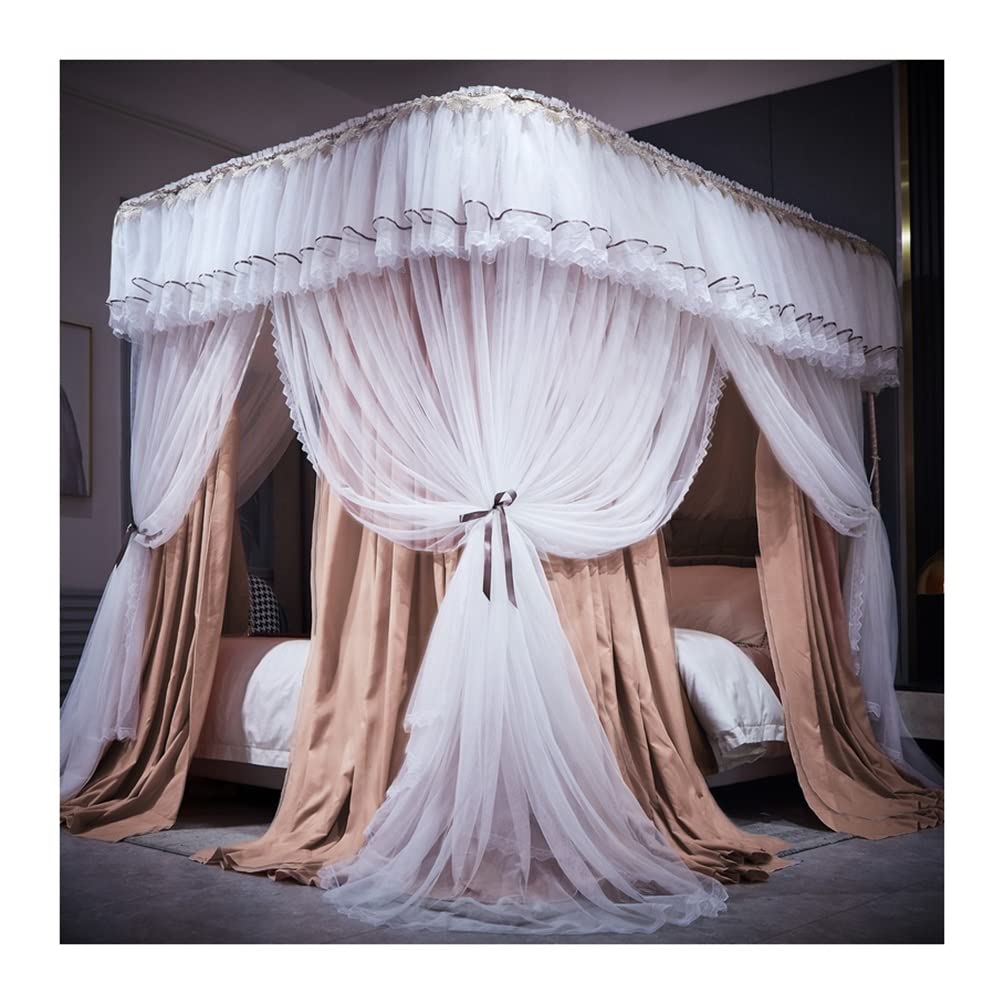 GJMSSMY Bed Canopy Mosquito Net For Twin Queen King, Double Layer Dustproof Blackout Luxury Bed Curtain With Bracket (Color : Khaki, Size : 200X220cm/79X87in)