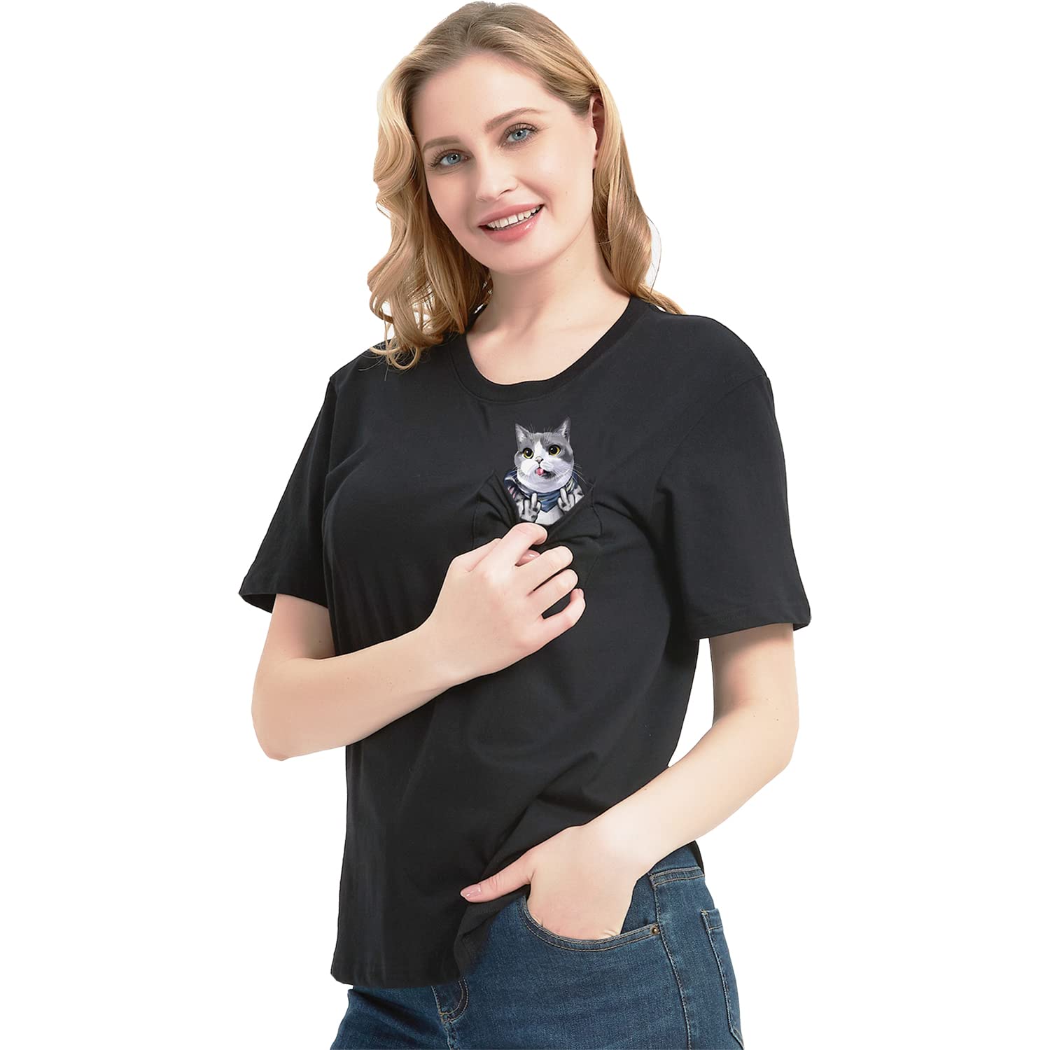 FiiShiMi PowerMens Pocket Cat T Shirt Funny Printed Peeking Pet Kitten Animal Tee for Guys Gift