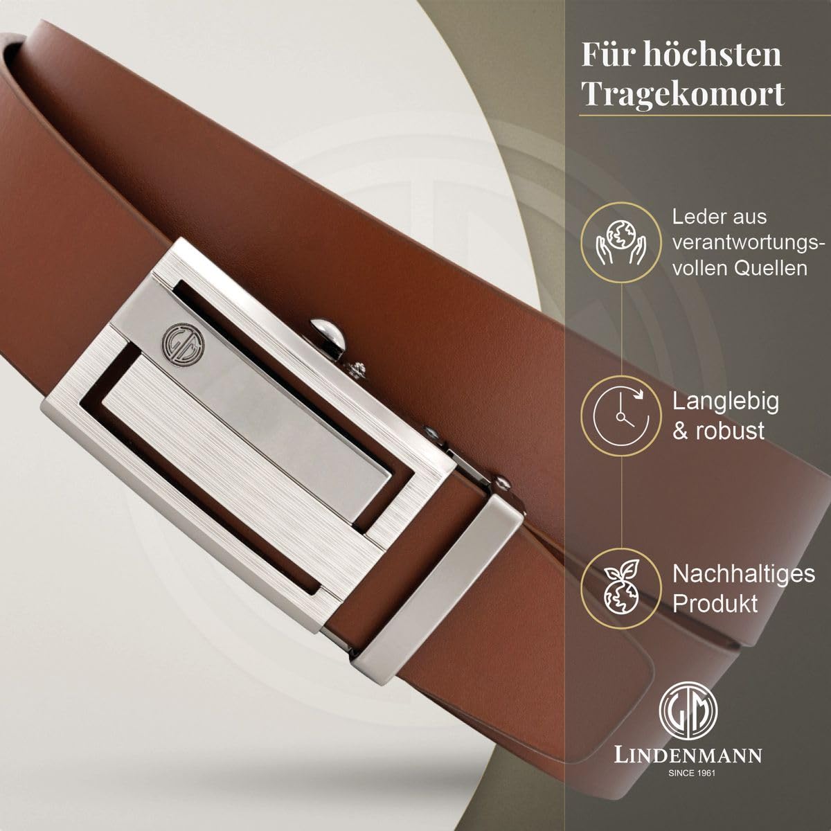 LINDENMANN Gürtel Herren – Cognac Rindsleder Automatikschließe