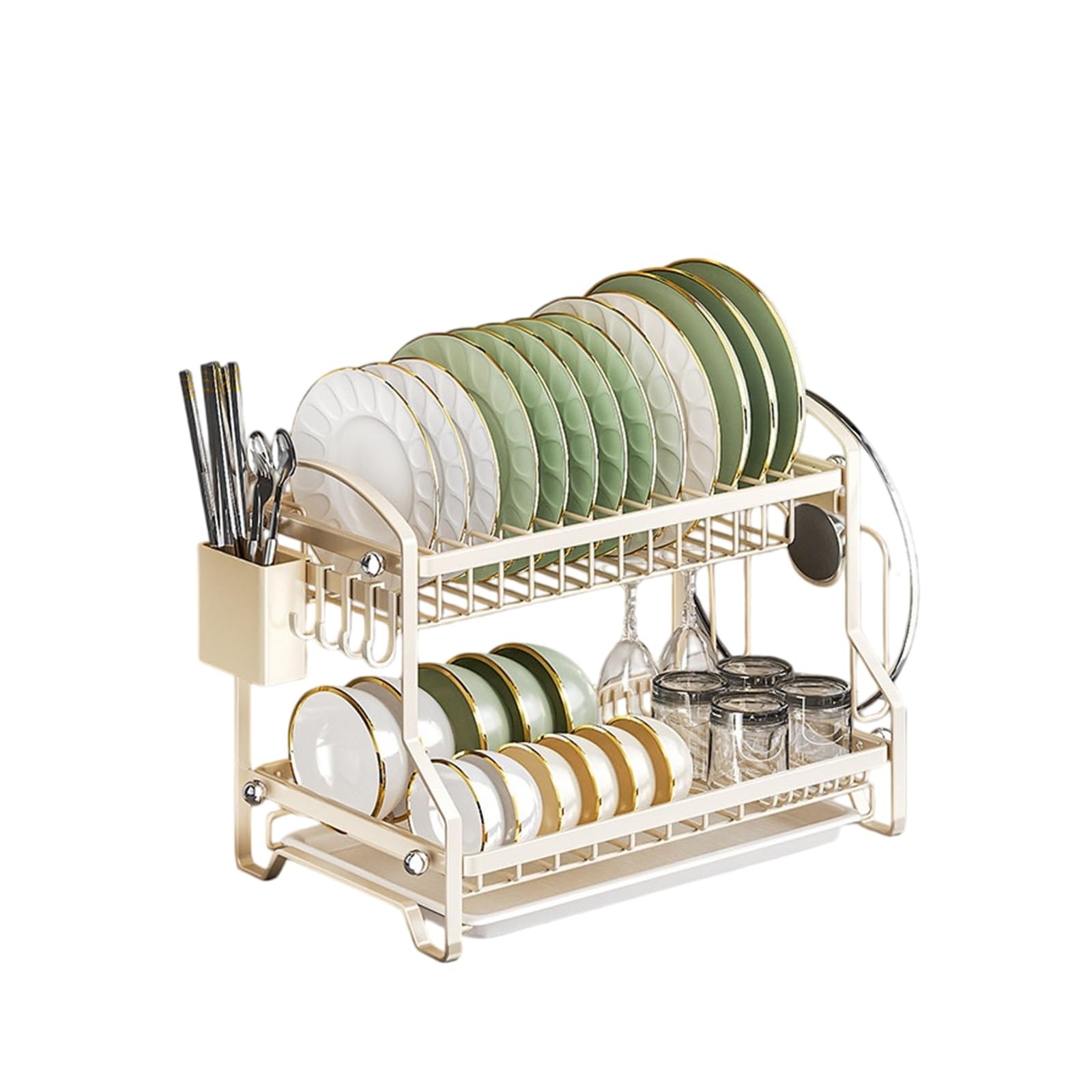 Escurridor de platos de dos niveles, organizador de cocina moderno | Estructura metálica, diseño estilo crema, gran capacidad, drenaje eficiente(White 1,42cm/16.5in)