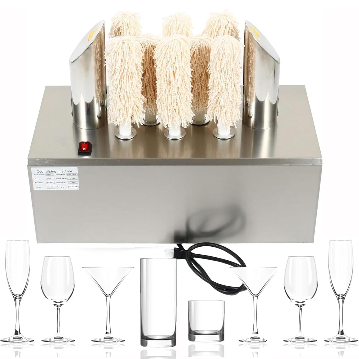 JKJZSALJ Commercial Glass Polishing Machine, Wine Glass Polisher Machine, Cloth Polisher Glass Polishing Machine, Electric Commercial Glass Polisher For Champagne Glasses, Beer Cups, H,8Head