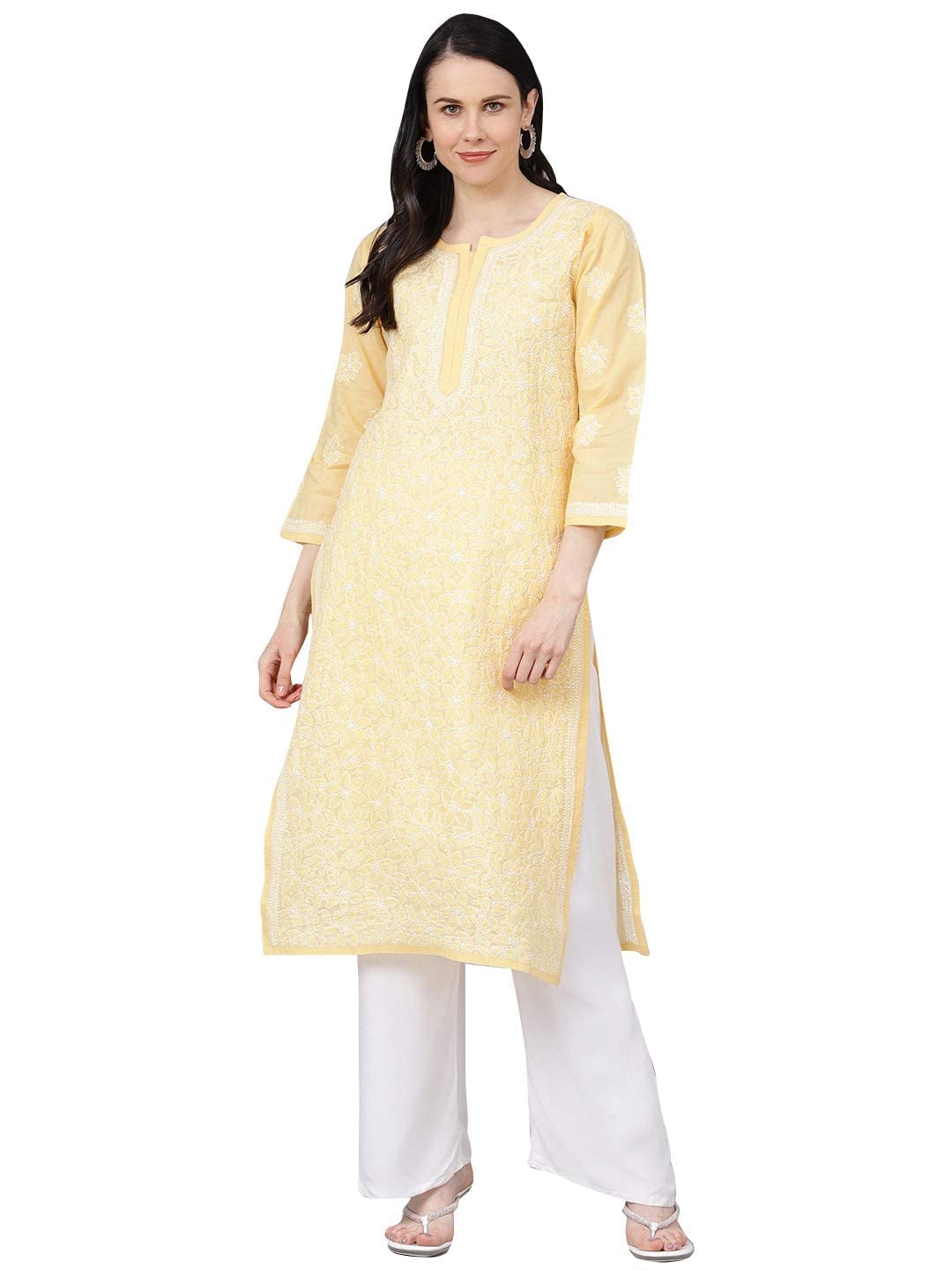 AdaWomen Hand Embroidered Lucknowi Chikankari Cotton Straight Kurta Kurti A411165