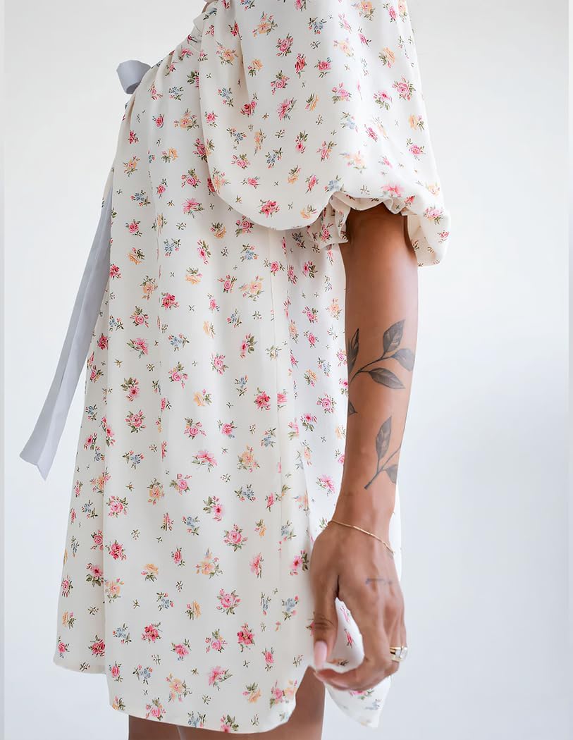 hibshaby Women's Babydoll Short Dress Puff Sleeve Cute Tie Mini Dress Floral Sundress - Image 3