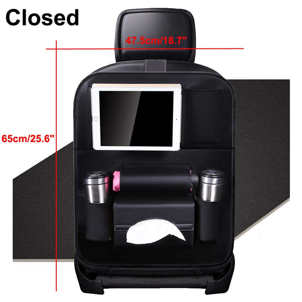 Car Backseat Organizer with Tablet Holder，9 Storage Pockets PU Leather Car Storage Organizer with Foldable Table Tray Car Seat Back Protectors Kick Mats Travel Accessories-Black ,2 Pack,Brown