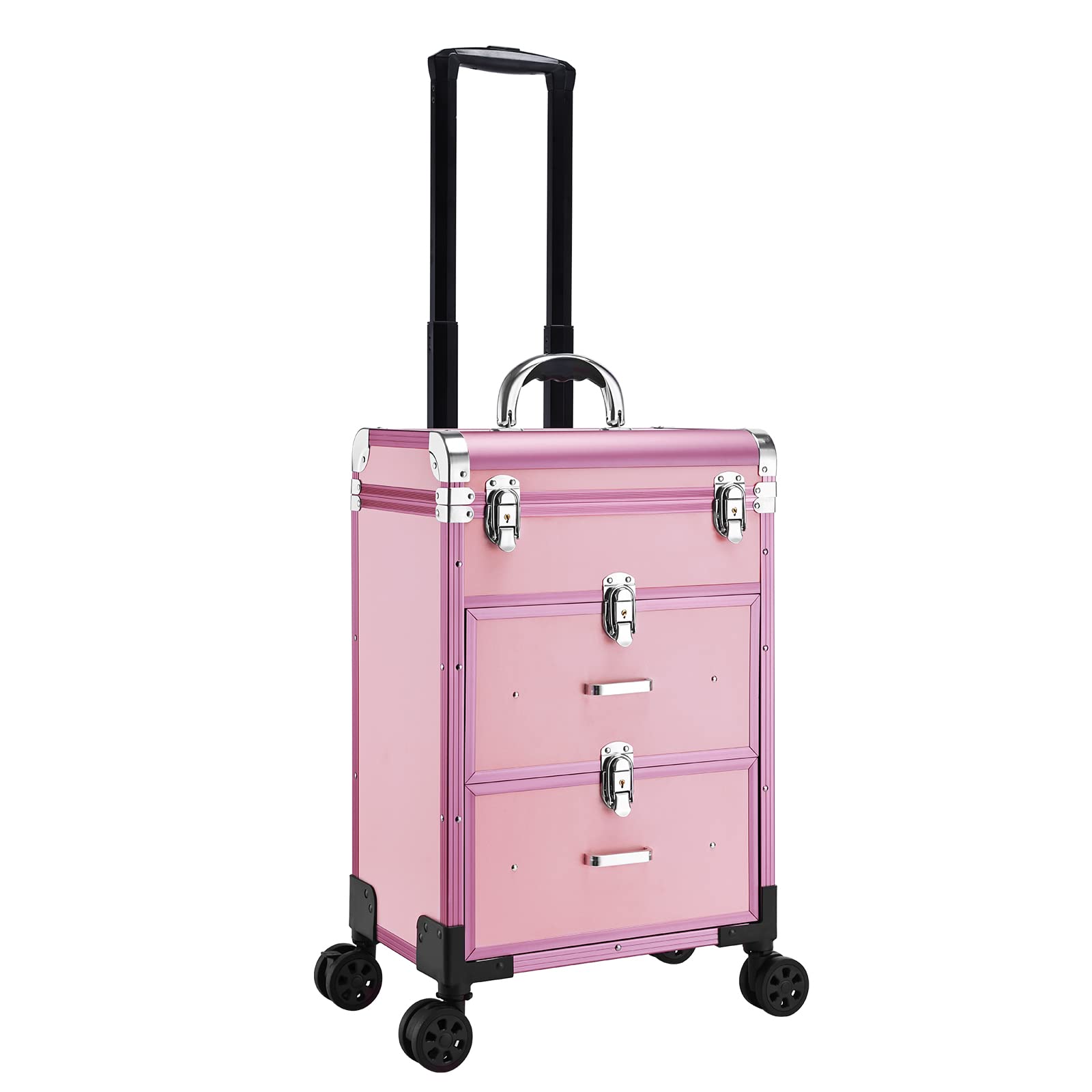 Adazzo Professional Rolling Makeup Train Case with Drawers, Large Cosmetic Trolley with Locks, Matte Pink
