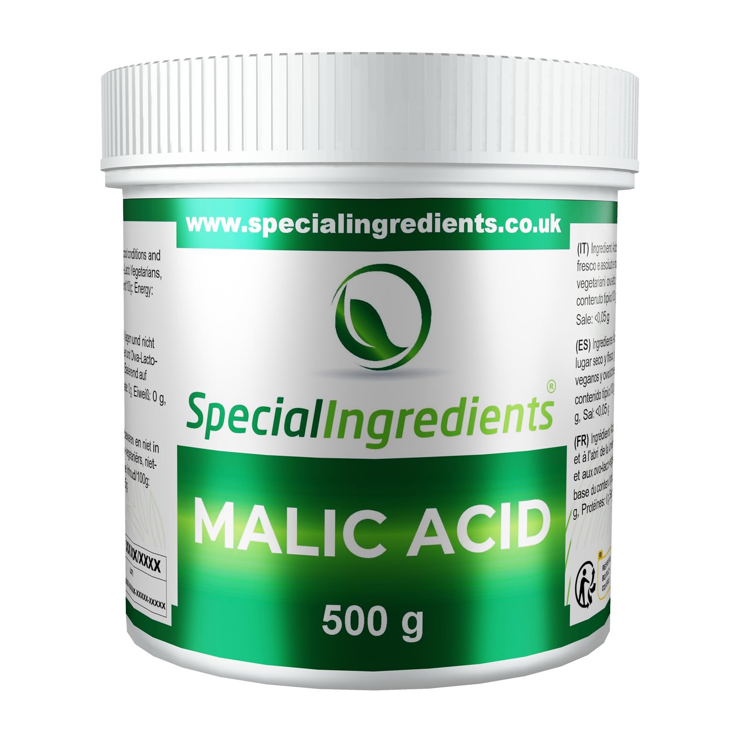 Special Ingredients Acide Malique 500g - Régulateur d’acidité pour la préparation maison de vin, bière & boissons alcoolisées - Qualité supérieure - Emballage recyclable