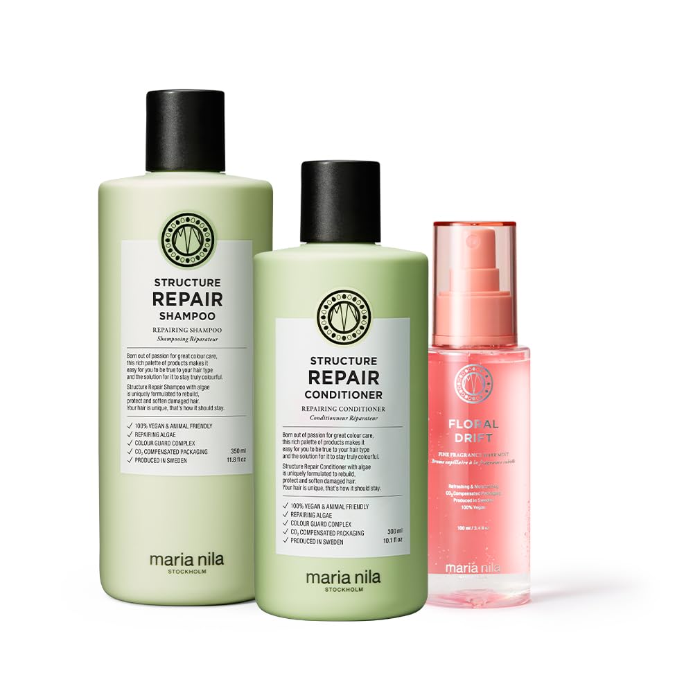 Maria Nila Geschenkset für Frauen für extrem geschädigtes Haar - Holiday Box Structure Repair mit Shampoo, Conditioner, Hair Mist Floral Drift und Beauty Bag, Geschenk Weihnachten, vegan, sulfatfrei