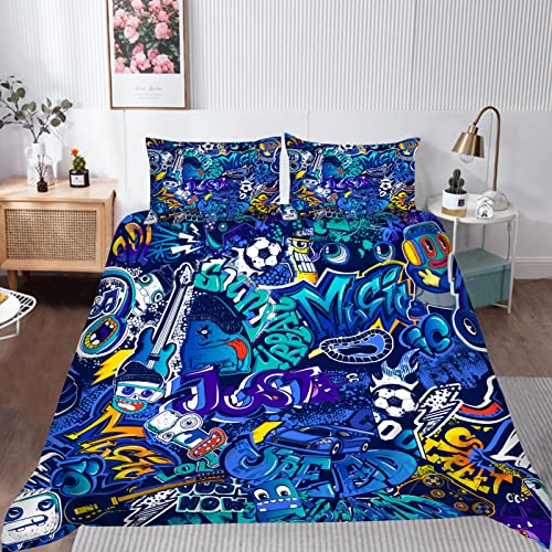 ANHOPE Graffiti Duvet Cover Set Soft Lightweight 3Pcs Bedding Set including 2 Pillowcase Hip Hop Football Car Gamepad Doodle Print Pattern Kids Boys Girls Teens Quilt Cover with Zipper Closure Double Size - Image 2