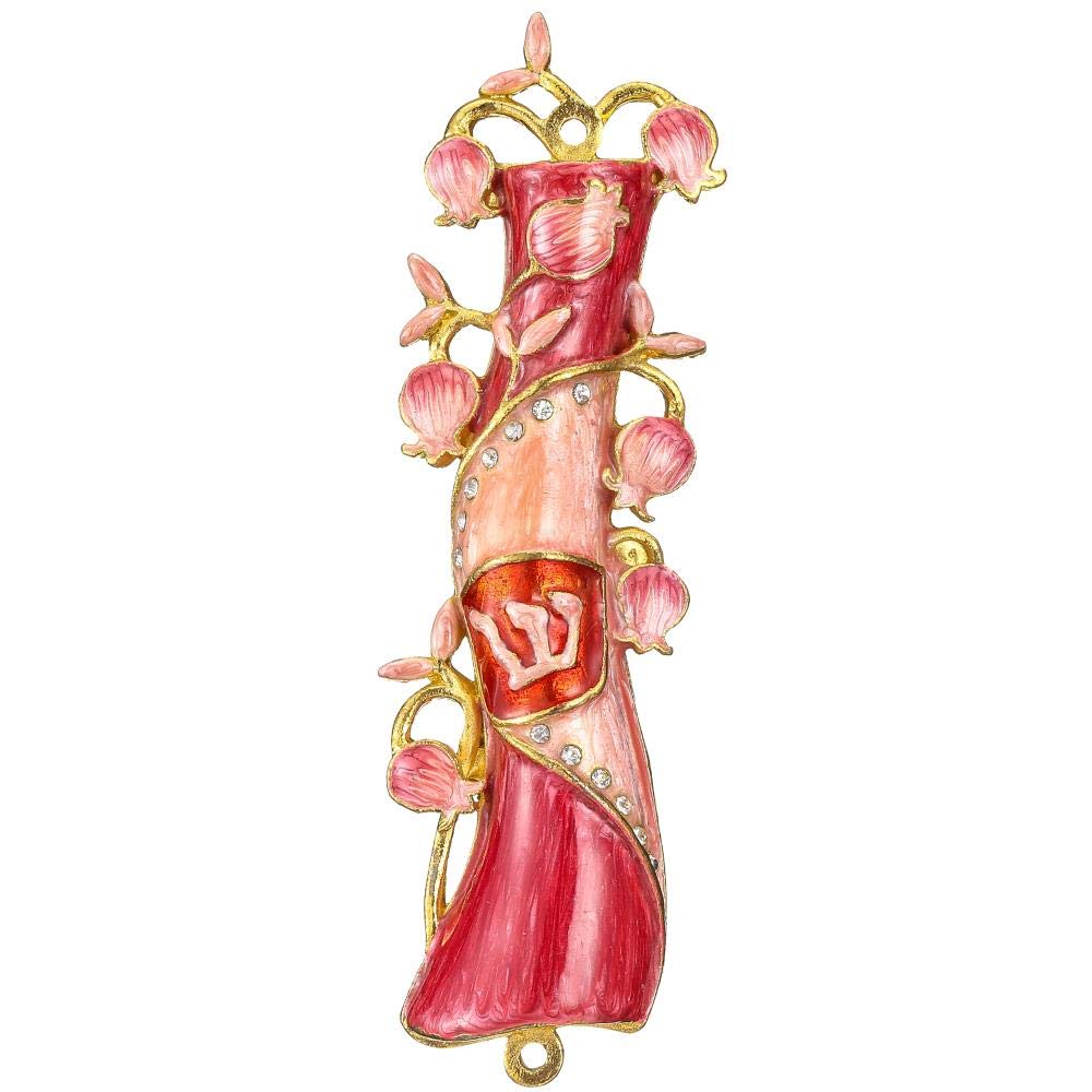 Matashi Mezuzah for Door with Scroll, Hand Painted Red &amp; Gold Enamel