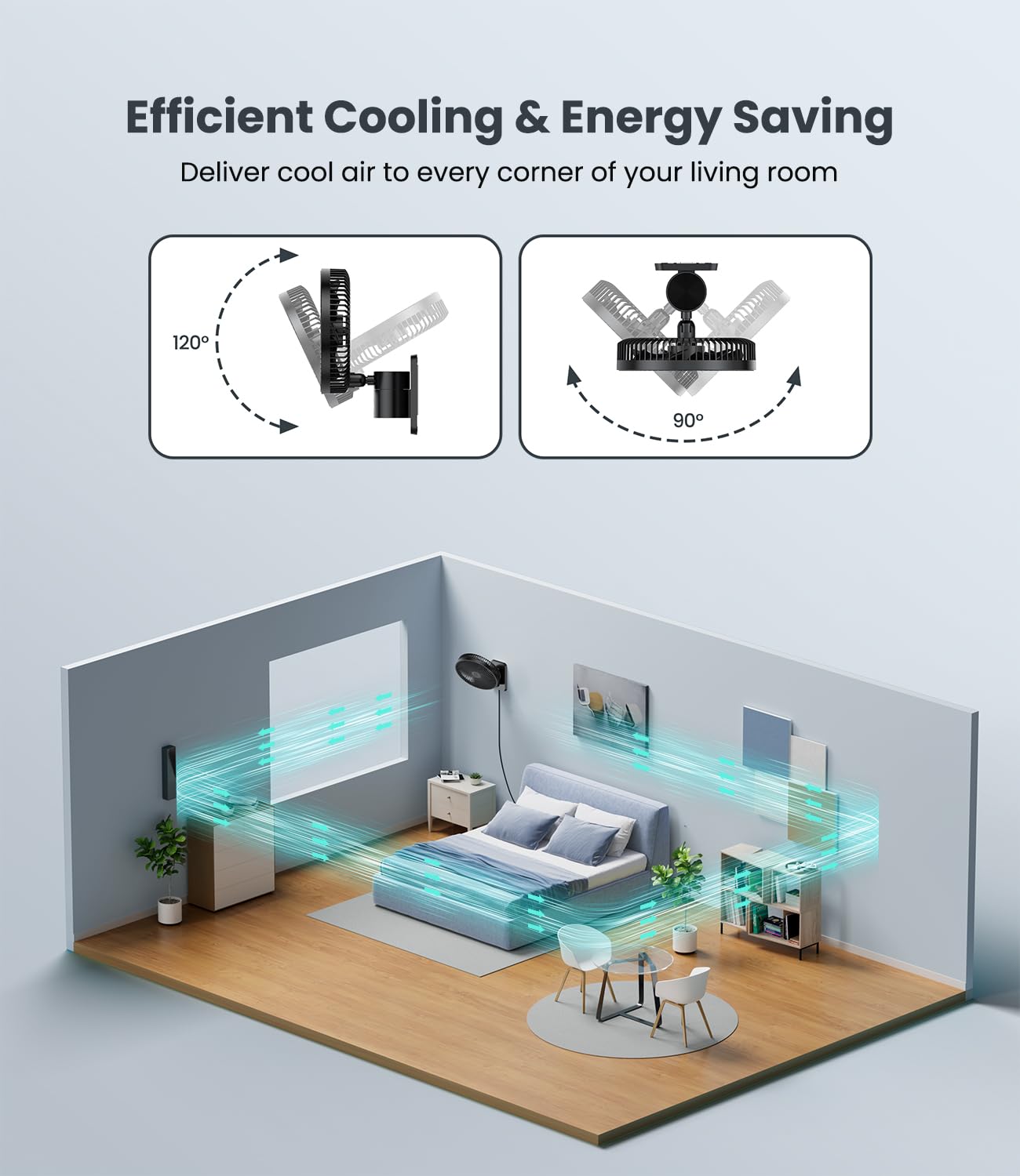 LEMOISTAR - Ventilador pequeño de 8 pulgadas con control remoto, oscilación de 90°, 4 velocidades, 4 temporizadores, inclinación ajustable, cable de 70 pulgadas, silencioso, para recámara en esquina