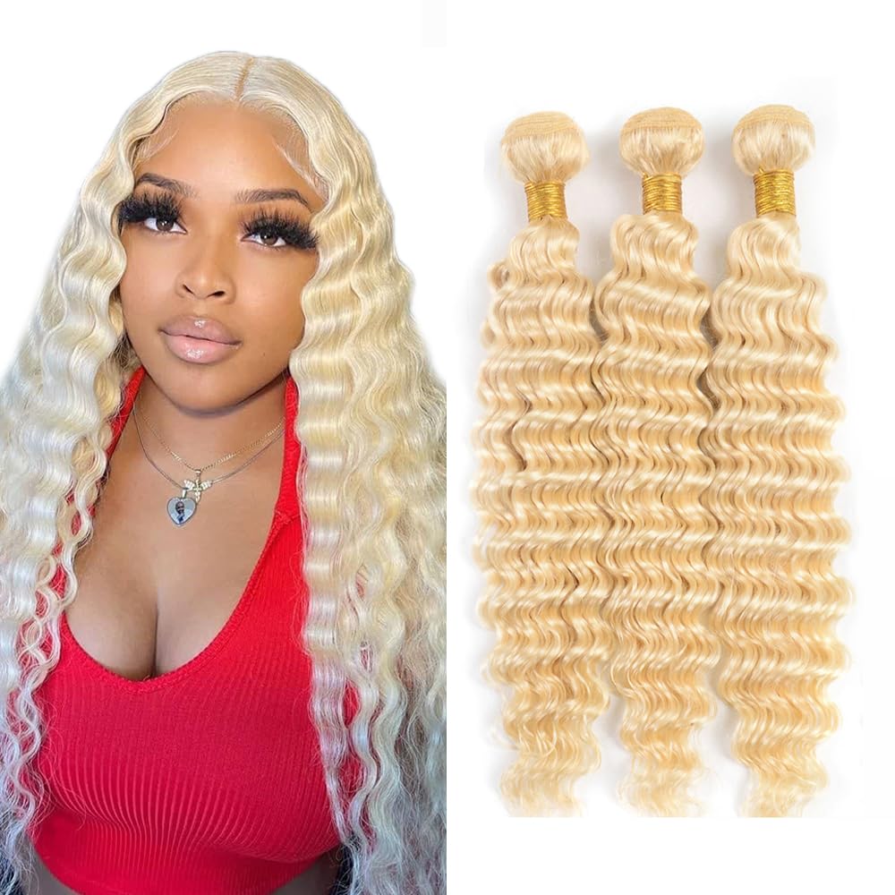 Jucames Deep Wave #613 Blonde Human Hair Bundles Double Weft Virgin Unprocessed Human Hair Extensions Weave 3 Bundles Total 150g For Women 20 22 24 Inch