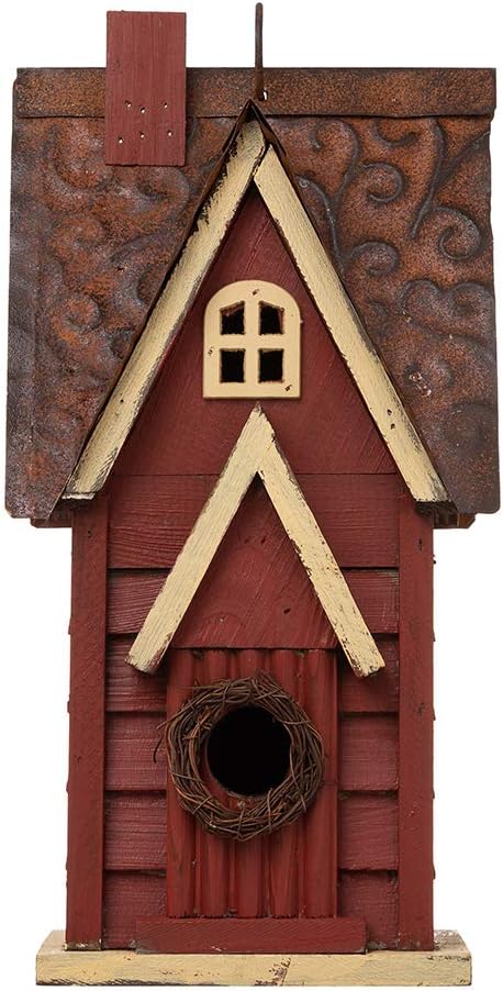 Glitzhome 12" H Distressed Red Cottage Solid Wood Birdhouse Hanging Bird House for Outdoors
